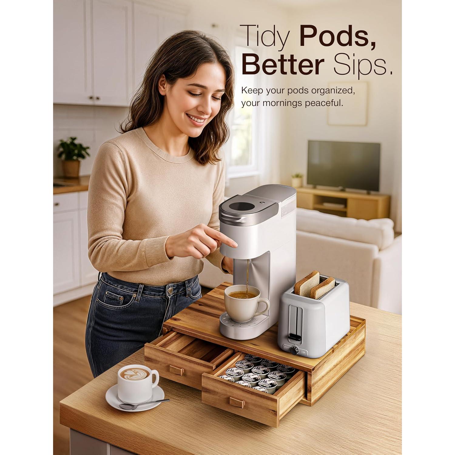 Organizador de Cápsulas de Café Tinamo - Madera de Acacia, 2 Cajones