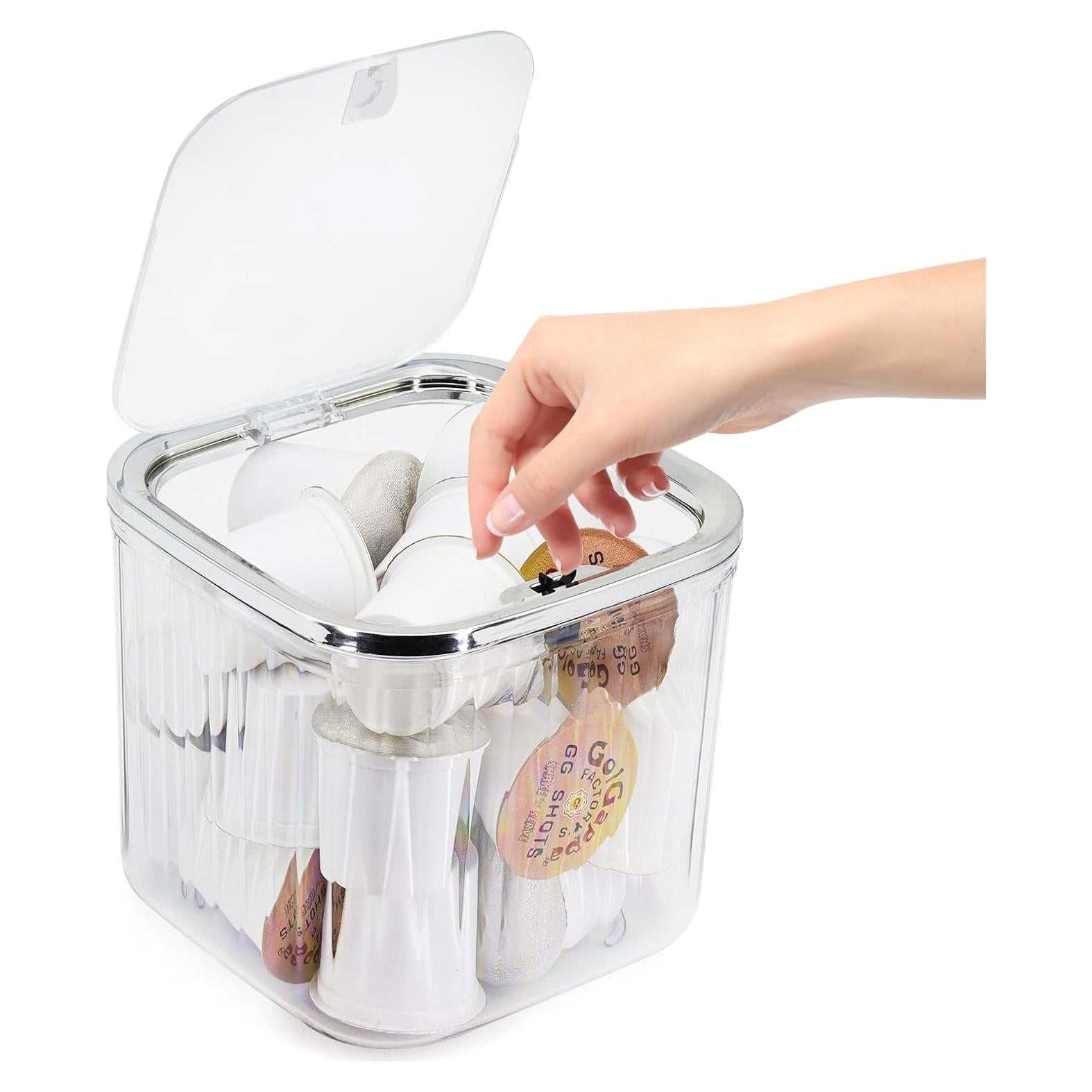 Coffee Pod Holder with Pop-Up Lid, Clear K Cup Organizer for Countertop, Portable Coffee Pod Storage for Creamer, Coffee Bar Organizer, Silver