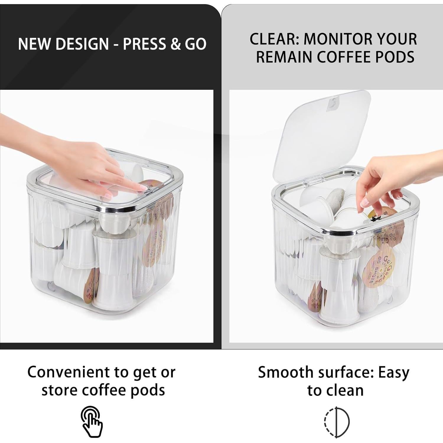 Coffee Pod Holder with Pop-Up Lid, Clear K Cup Organizer for Countertop, Portable Coffee Pod Storage for Creamer, Coffee Bar Organizer, Silver