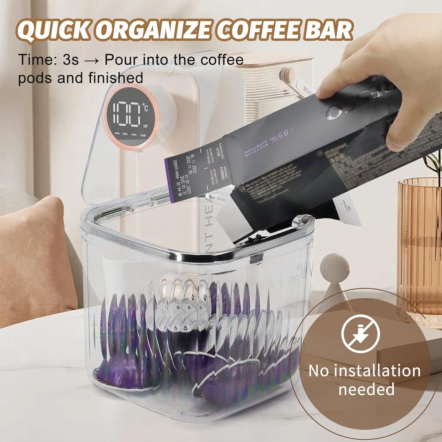 Coffee Pod Holder with Pop-Up Lid, Clear K Cup Organizer for Countertop, Portable Coffee Pod Storage for Creamer, Coffee Bar Organizer, Silver