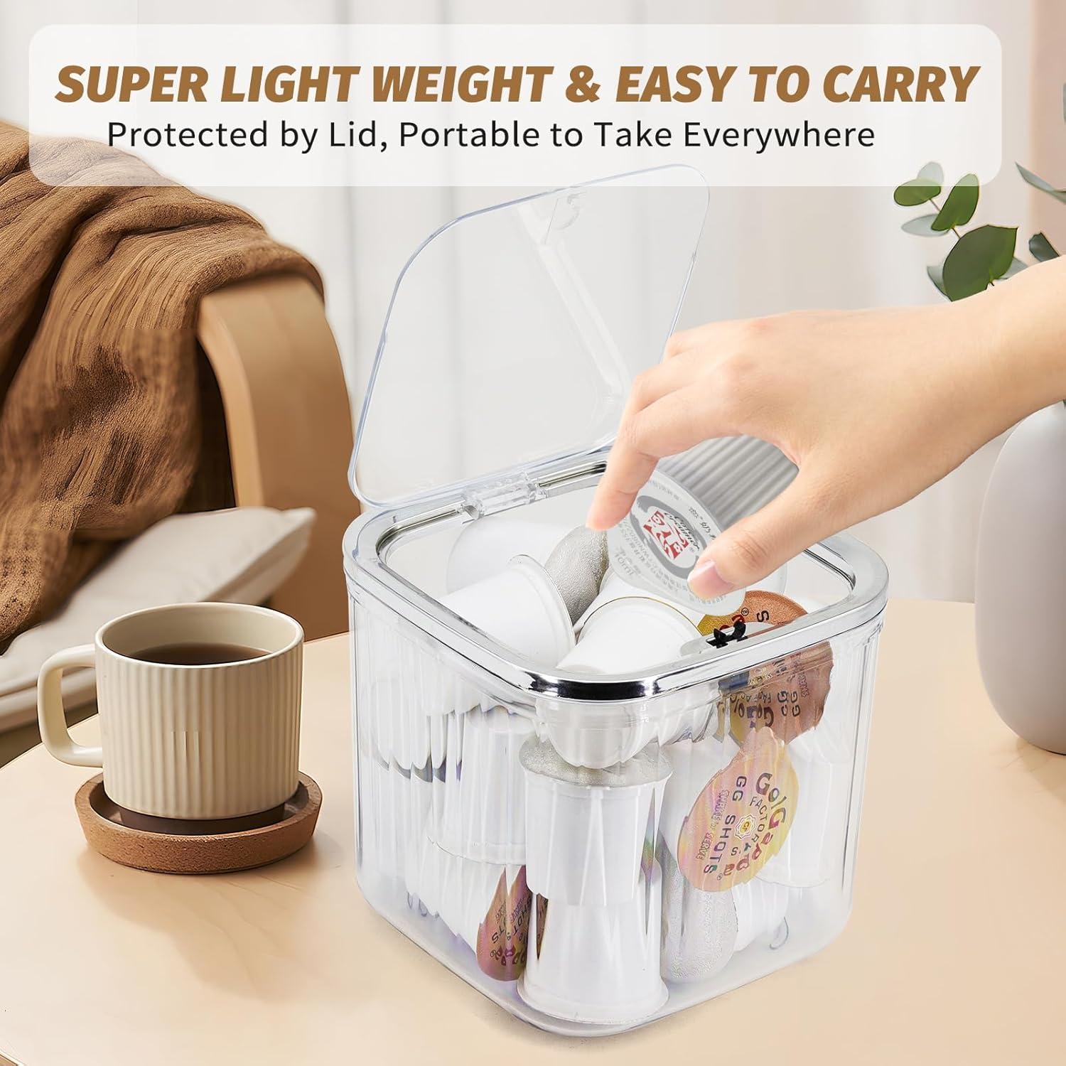 Coffee Pod Holder with Pop-Up Lid, Clear K Cup Organizer for Countertop, Portable Coffee Pod Storage for Creamer, Coffee Bar Organizer, Silver
