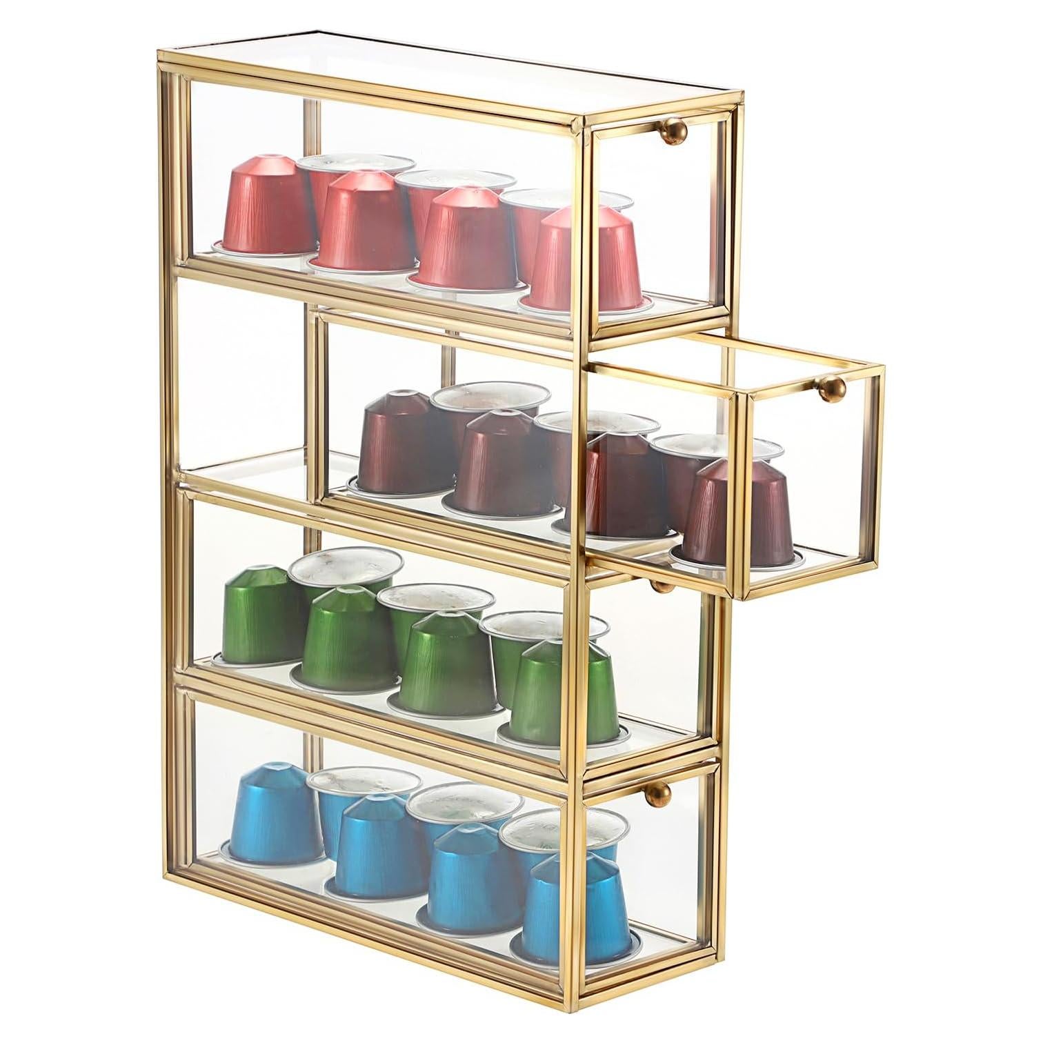 Soporte para Cápsulas de Café ELLDOO de Vidrio Dorado 4 Cajones