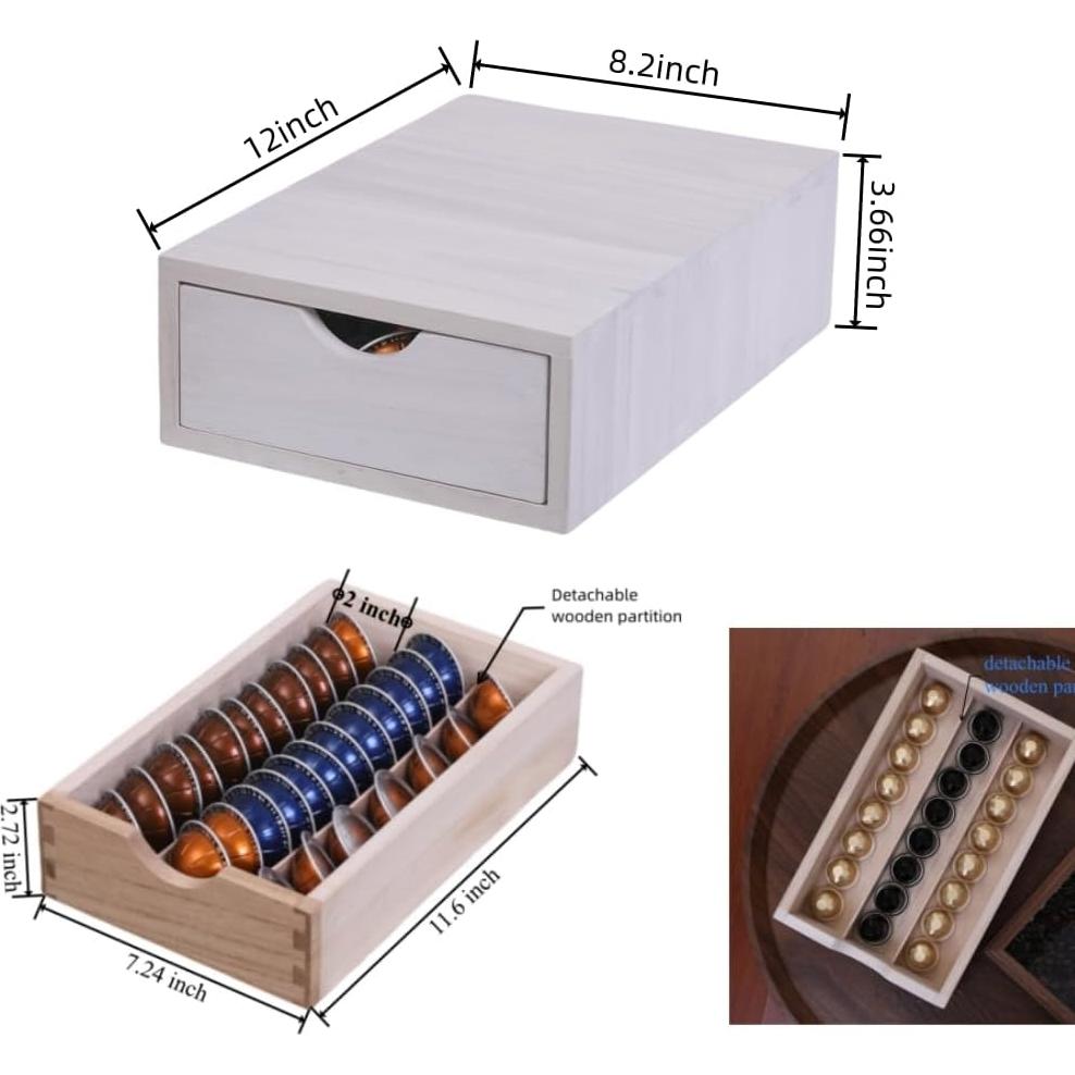 Wood Storage Drawers Organizer for Coffee Pod Holder- Kitchen Counter K Cup Drawer for Coffee Maker Stand Pod Capsule Storage Organization Coffee Accessories- Multi Purpose Desk Drawers 1D1C-WH