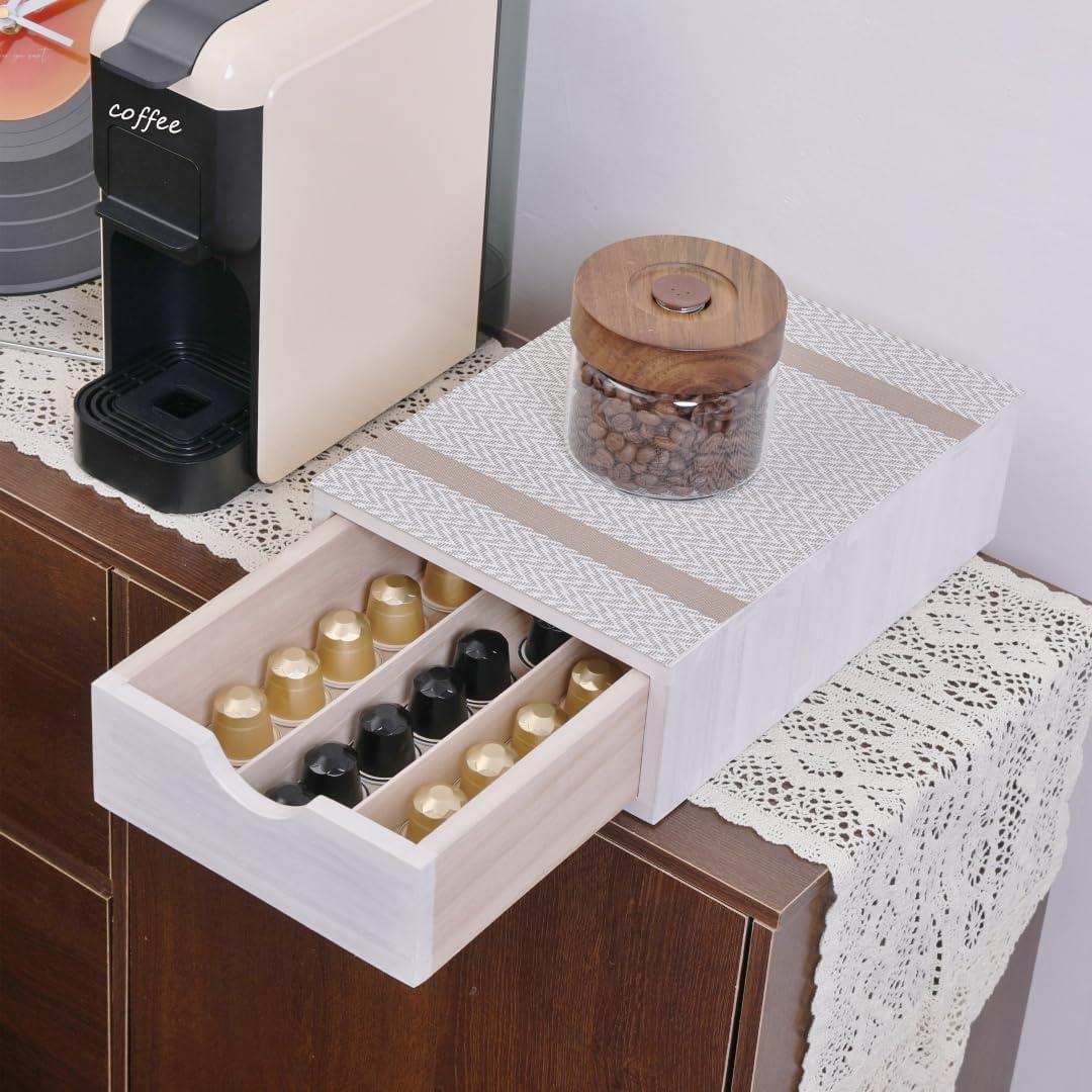 Wood Storage Drawers Organizer for Coffee Pod Holder- Kitchen Counter K Cup Drawer for Coffee Maker Stand Pod Capsule Storage Organization Coffee Accessories- Multi Purpose Desk Drawers 1D1C-WH