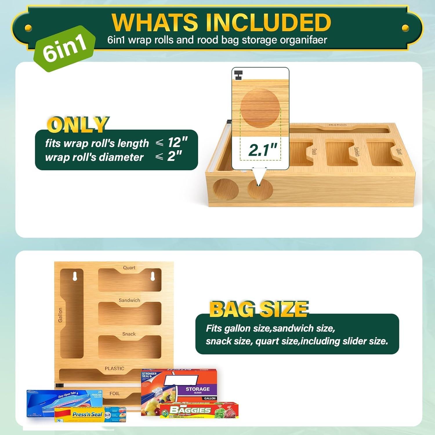 Organizador de Bolsas KOCWELL 6 en 1 de Bambú para Cocina