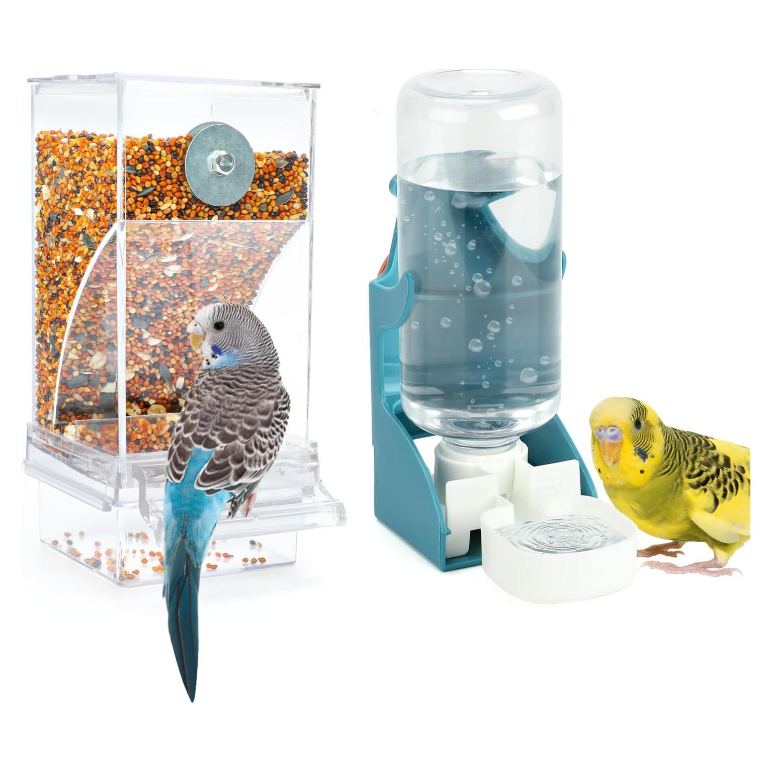 No Mess Bird Water Feeder Dispenser Set Automatic Bird Feeder Transparent Food Container Cage Acrylic Parrot Feeders Accessories for Small Birds Parrot Cockatoo Canary
