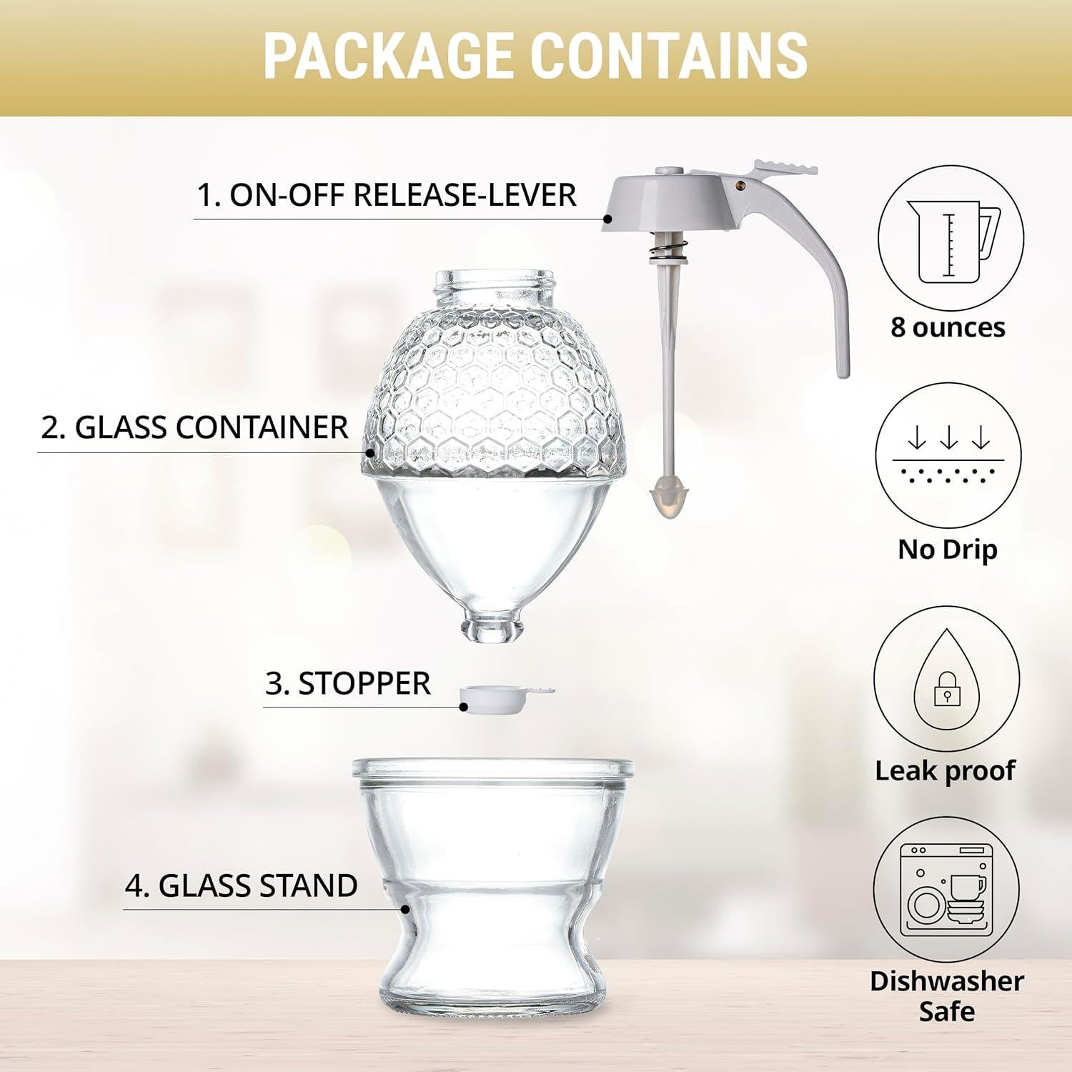 Dispensador de Miel de Vidrio PAULSWAY 237ml con Soporte Blanco