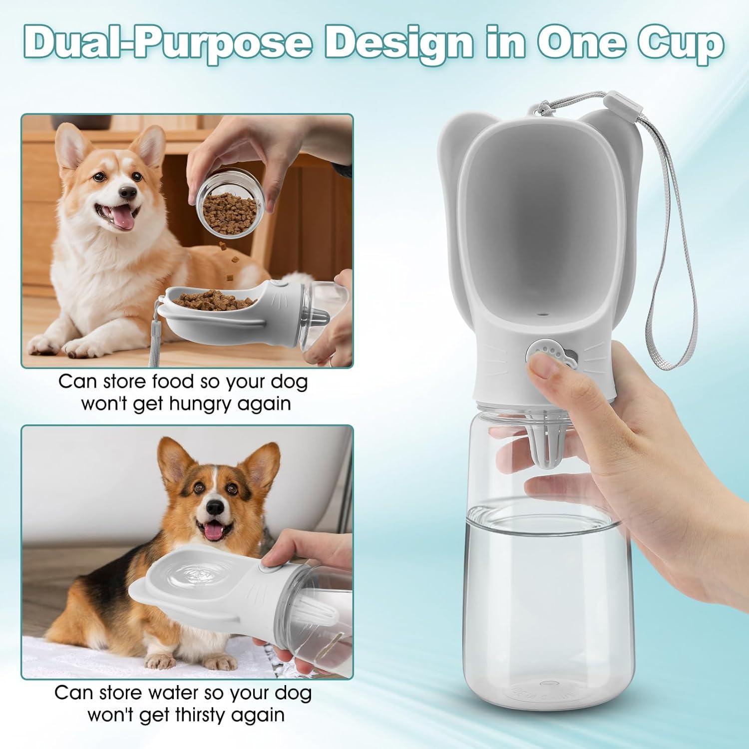 Portable Dogs Water Bottle with Food Storage Container, Leakproof Travel Pets Drinking Water Dispenser Feeder for Outdoor Dog Stuff Accessories Items for Cats, Puppy,for Walking, Hiking (White, 550ml)