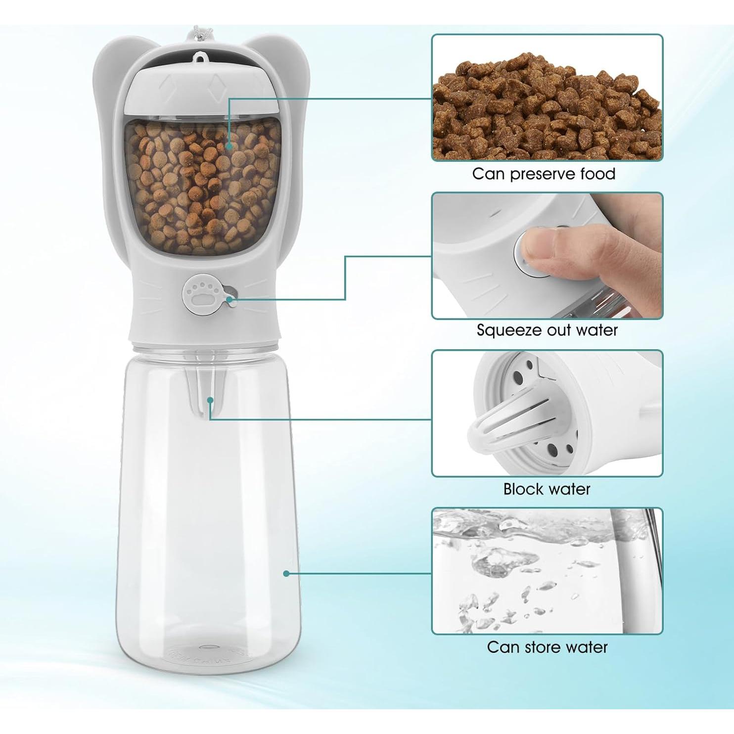 Portable Dogs Water Bottle with Food Storage Container, Leakproof Travel Pets Drinking Water Dispenser Feeder for Outdoor Dog Stuff Accessories Items for Cats, Puppy,for Walking, Hiking (White, 550ml)