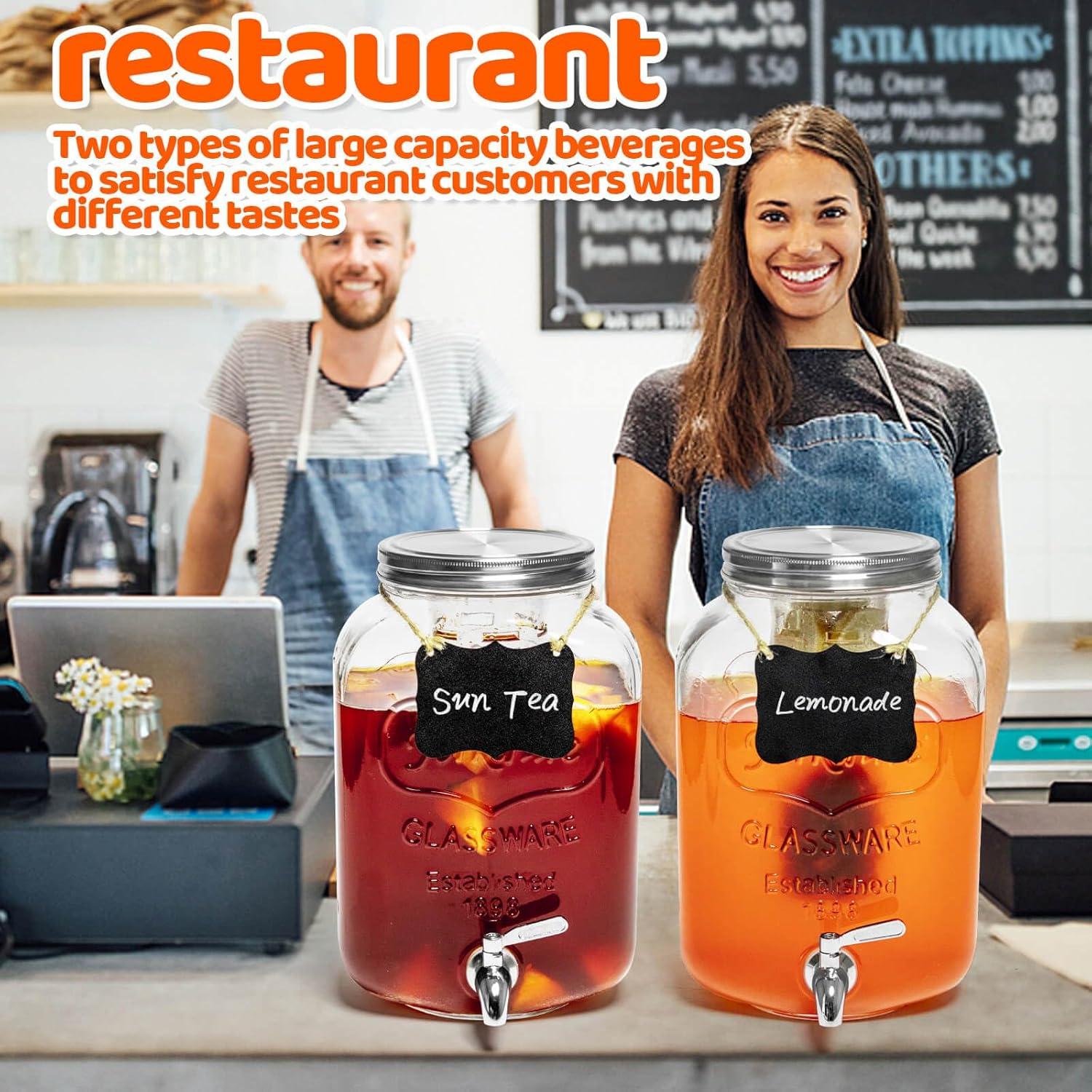 2 PCS 2 Gallon Drink Dispensers - Glass Peverage Dispenser for Parties with 18/8 Stainless Steel Spigots, Lemonade Dispenser Juice, Water Dispensers Sun Tea Glass Jar for Outside, Party‘s Gift