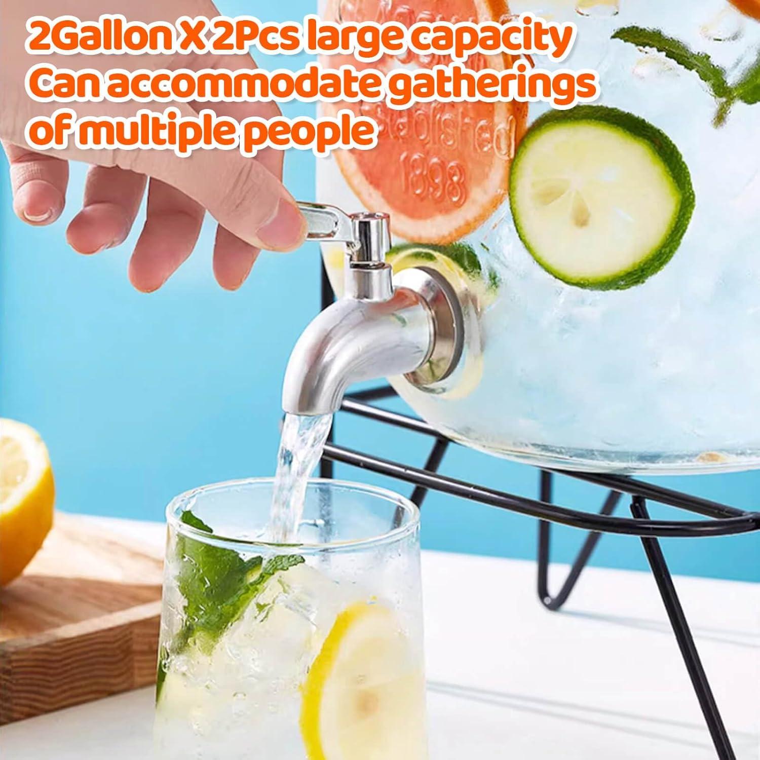 2 PCS 2 Gallon Drink Dispensers - Glass Peverage Dispenser for Parties with 18/8 Stainless Steel Spigots, Lemonade Dispenser Juice, Water Dispensers Sun Tea Glass Jar for Outside, Party‘s Gift