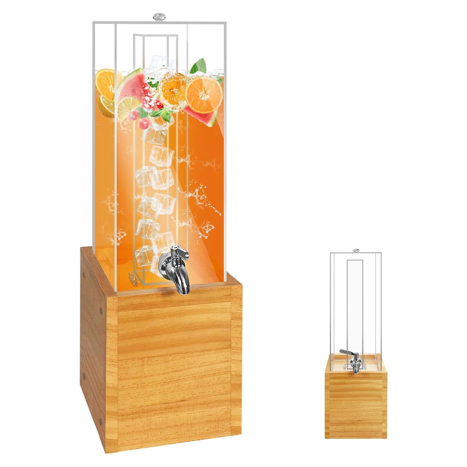 Beverage Dispenser with Stand, 2 Gallon Drink Dispenser, Drink Dispensers for Parties, Individual Ice Container (Wood)