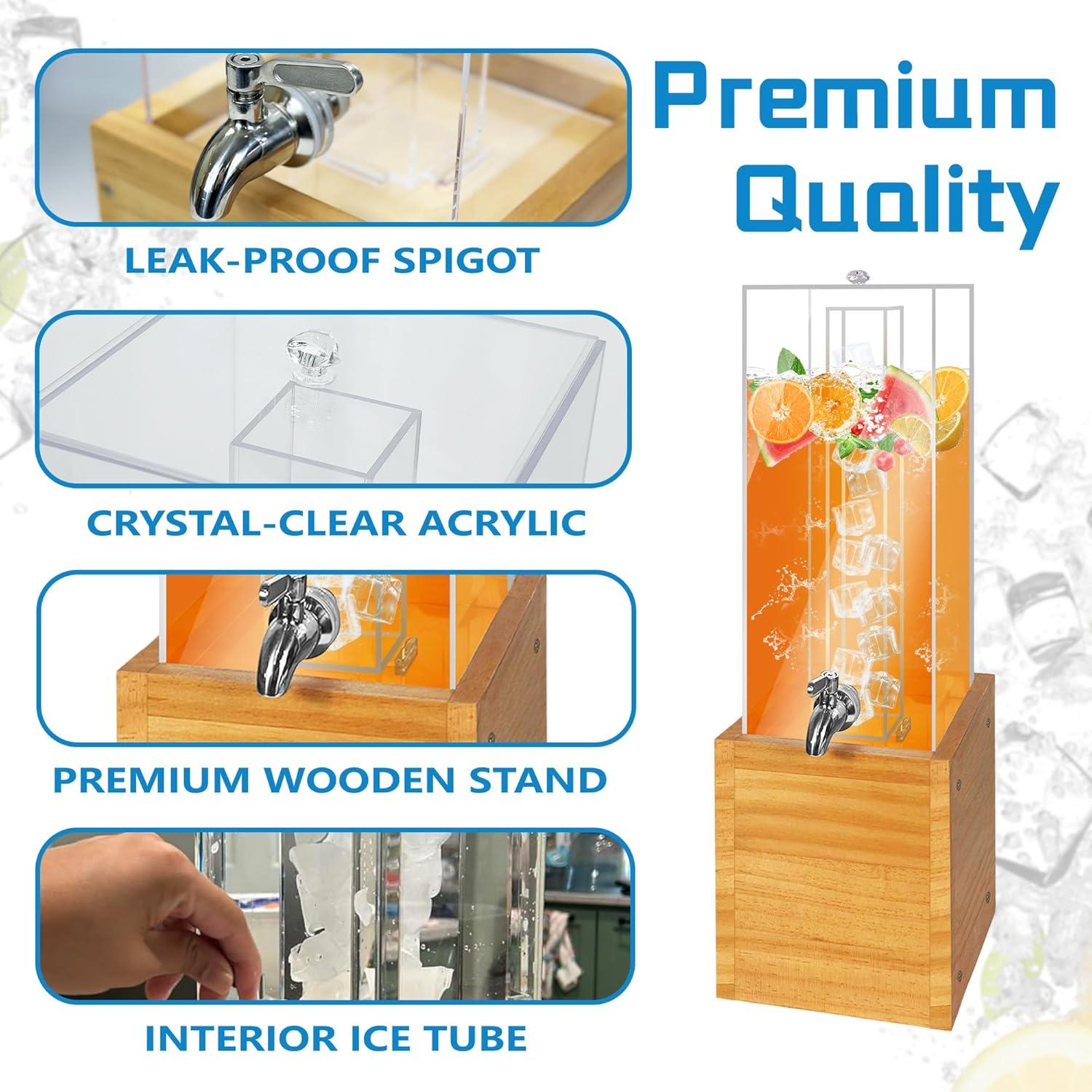 Beverage Dispenser with Stand, 2 Gallon Drink Dispenser, Drink Dispensers for Parties, Individual Ice Container (Wood)