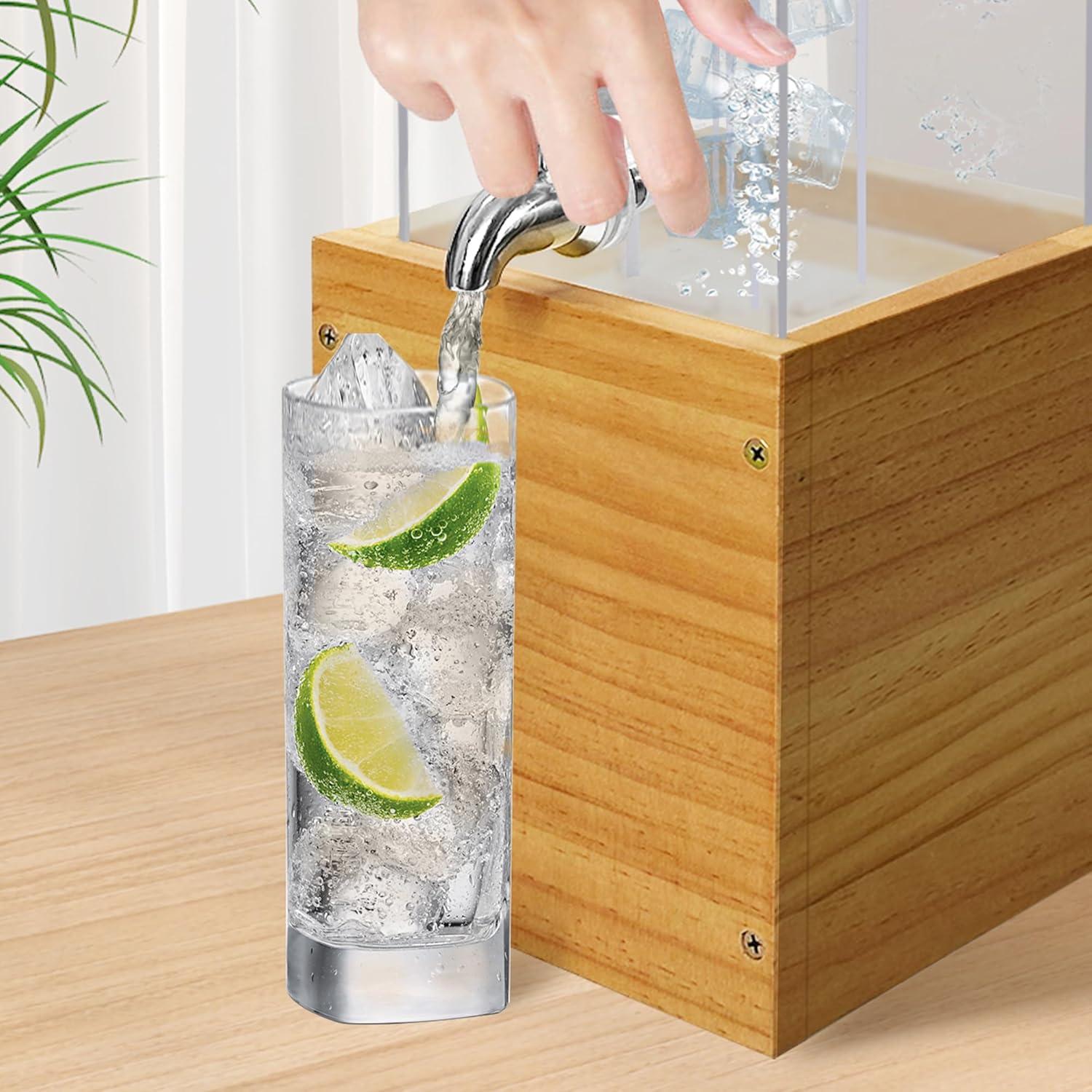 Beverage Dispenser with Stand, 2 Gallon Drink Dispenser, Drink Dispensers for Parties, Individual Ice Container (Wood)