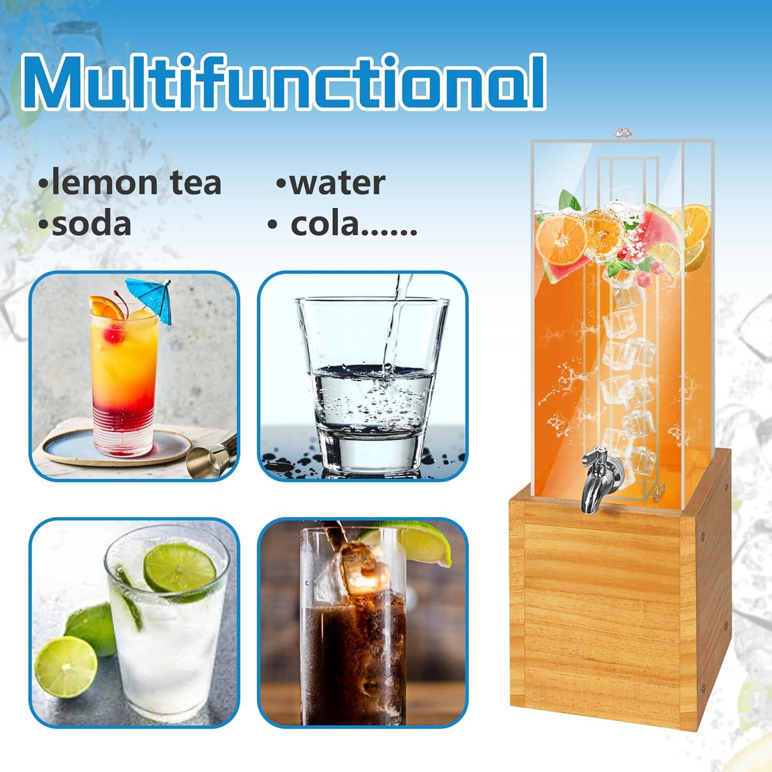 Beverage Dispenser with Stand, 2 Gallon Drink Dispenser, Drink Dispensers for Parties, Individual Ice Container (Wood)