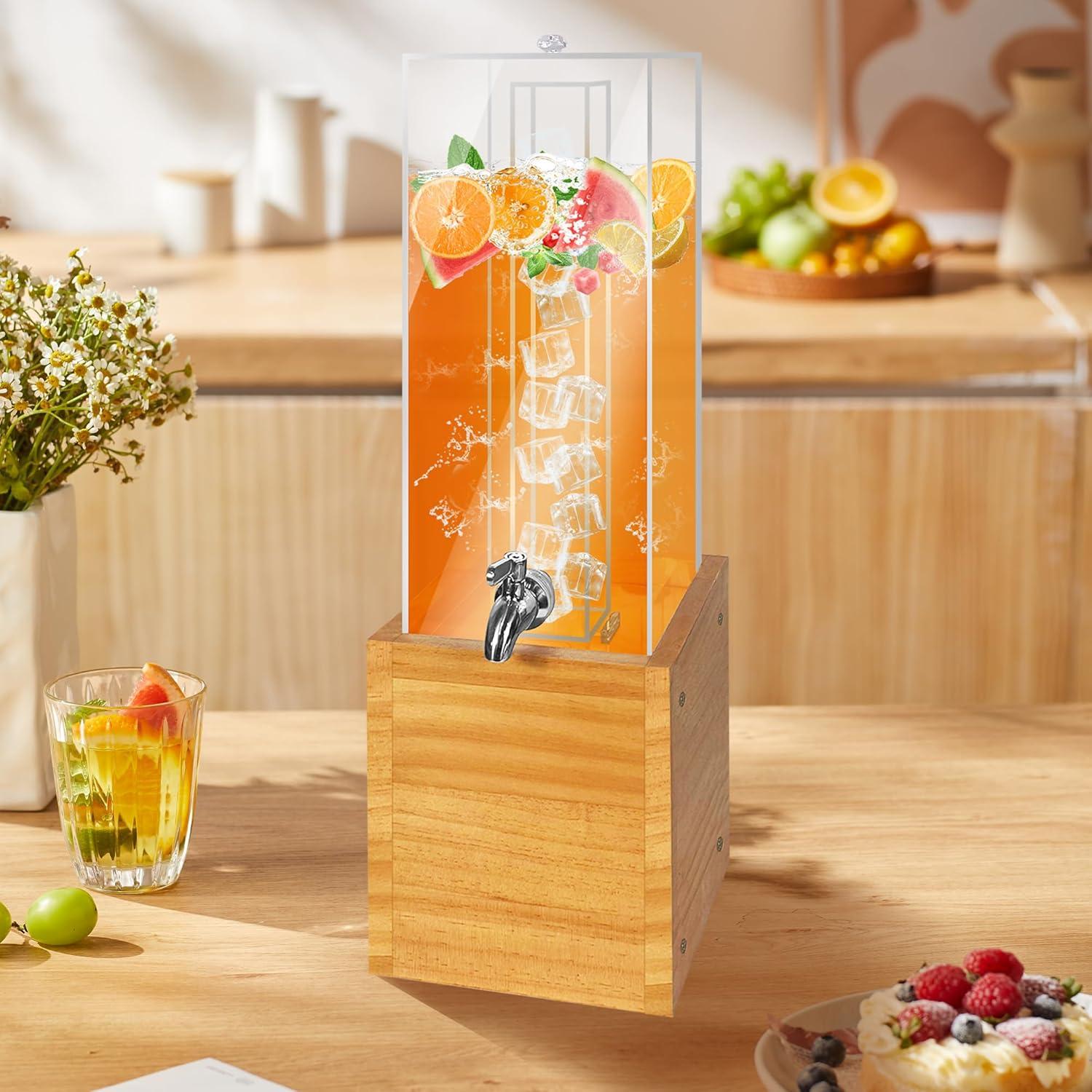 Beverage Dispenser with Stand, 2 Gallon Drink Dispenser, Drink Dispensers for Parties, Individual Ice Container (Wood)