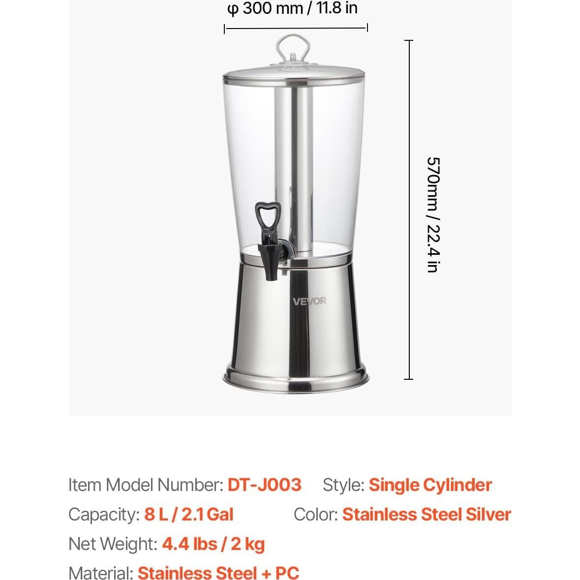 Dispensador de Bebidas VEVOR 8L Acero Inoxidable con Grifo