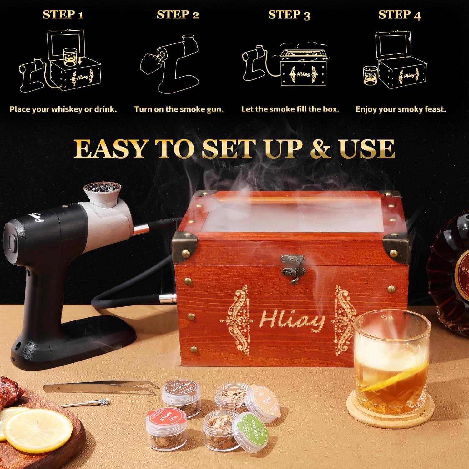 Smoking Gun Food Smoker with Wooden Smoking Box, Smoke Gun for Cocktails, Old Fashioned Smoker Kit Include Tray&Wood Chips, Old Fashioned Cocktail Smoker Kit, Gift for Men