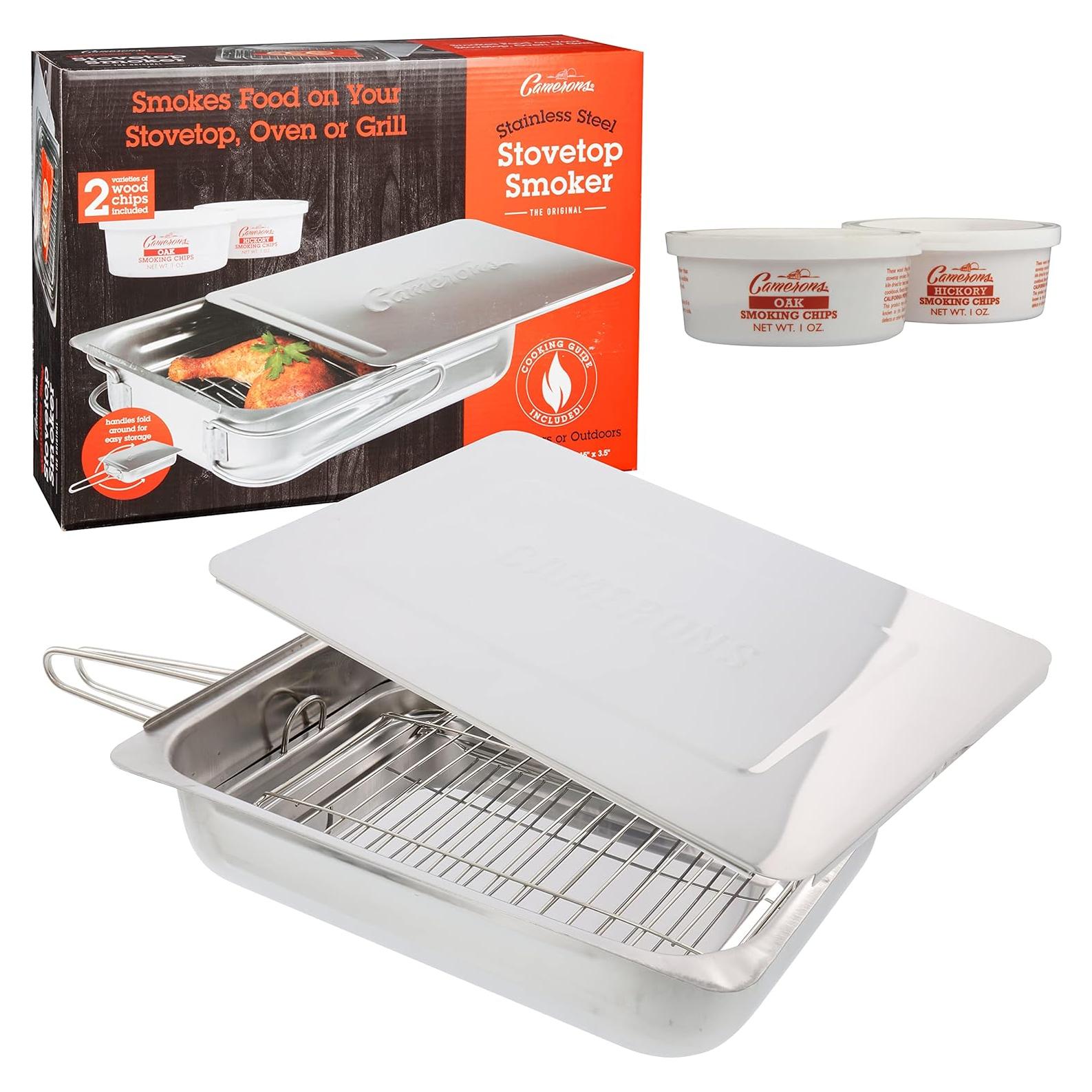 Camerons Large Stovetop Smoker - Stainless Steel BBQ Smoker Box w/Hickory & Oak Wood Chips & Recipes- Indoor Outdoor Use on Any Heat for Smoking Meats, Veggies & Seafood- Grilling Gift for Fathers Day