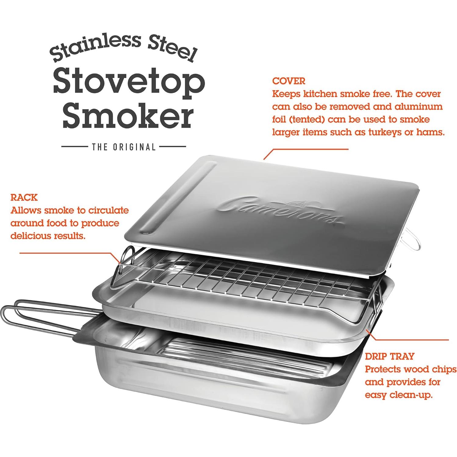 Camerons Large Stovetop Smoker - Stainless Steel BBQ Smoker Box w/Hickory & Oak Wood Chips & Recipes- Indoor Outdoor Use on Any Heat for Smoking Meats, Veggies & Seafood- Grilling Gift for Fathers Day