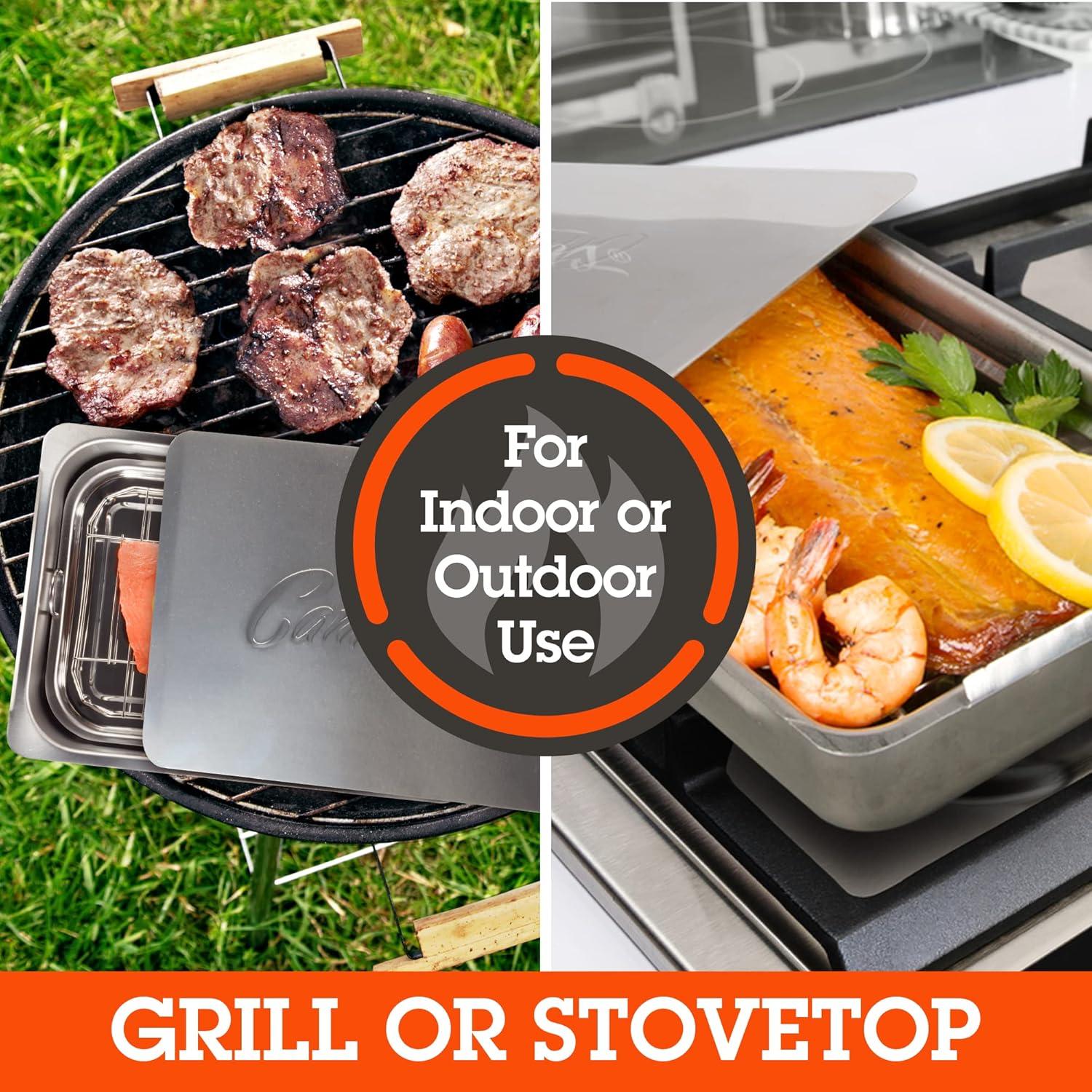 Camerons Large Stovetop Smoker - Stainless Steel BBQ Smoker Box w/Hickory & Oak Wood Chips & Recipes- Indoor Outdoor Use on Any Heat for Smoking Meats, Veggies & Seafood- Grilling Gift for Fathers Day