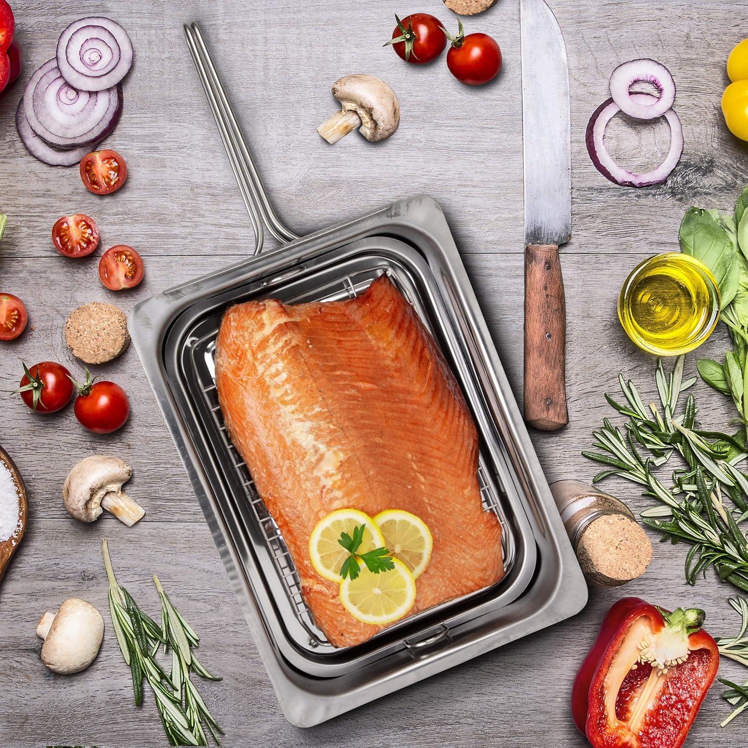 Camerons Large Stovetop Smoker - Stainless Steel BBQ Smoker Box w/Hickory & Oak Wood Chips & Recipes- Indoor Outdoor Use on Any Heat for Smoking Meats, Veggies & Seafood- Grilling Gift for Fathers Day