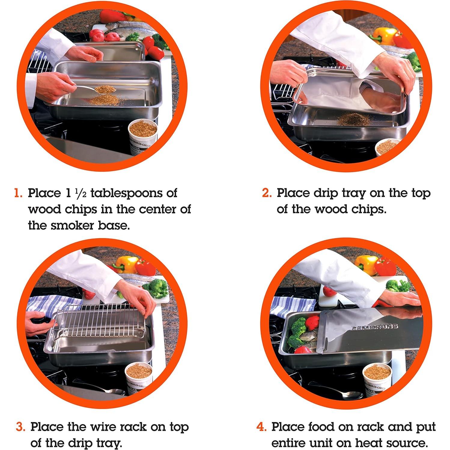 Camerons Large Stovetop Smoker - Stainless Steel BBQ Smoker Box w/Hickory & Oak Wood Chips & Recipes- Indoor Outdoor Use on Any Heat for Smoking Meats, Veggies & Seafood- Grilling Gift for Fathers Day