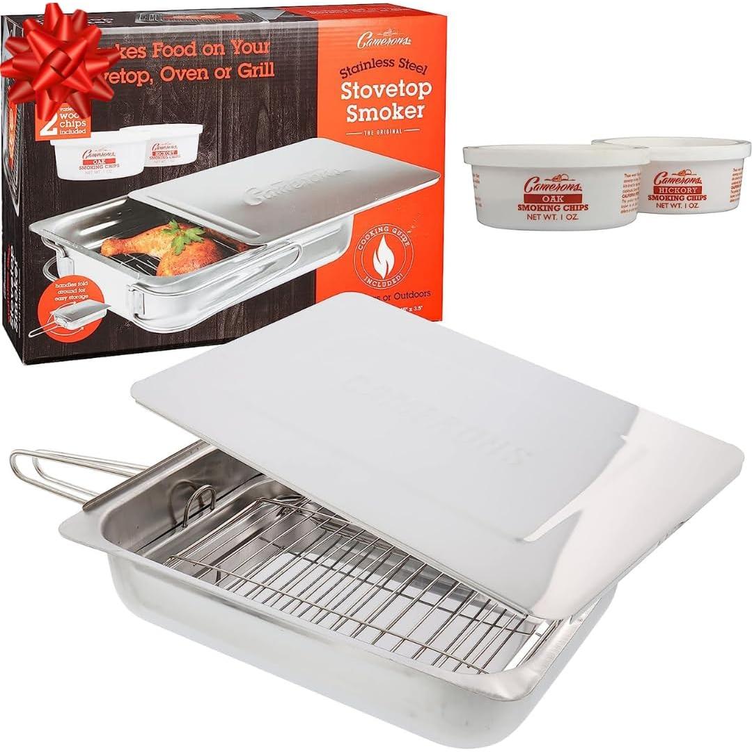 Camerons Large Stovetop Smoker - Stainless Steel BBQ Smoker Box w/Hickory & Oak Wood Chips & Recipes- Indoor Outdoor Use on Any Heat for Smoking Meats, Veggies & Seafood- Grilling Gift for Fathers Day
