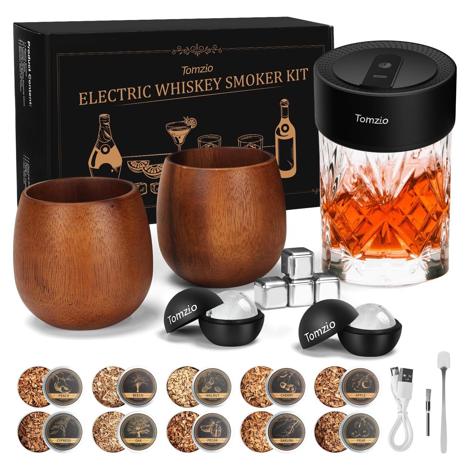 Electric Whiskey Smoker Kit with 10 Natural Wood Chips,Rechargeable Cocktail Smoker Kit with 2 Wooden Bourbon Whiskey Glasses,Reusable Food-Grade Stainless Steel Ice Cubes & Mold,Gift for Men Dad