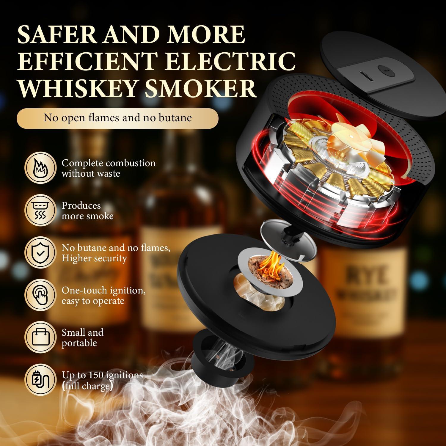 Electric Whiskey Smoker Kit with 10 Natural Wood Chips,Rechargeable Cocktail Smoker Kit with 2 Wooden Bourbon Whiskey Glasses,Reusable Food-Grade Stainless Steel Ice Cubes & Mold,Gift for Men Dad