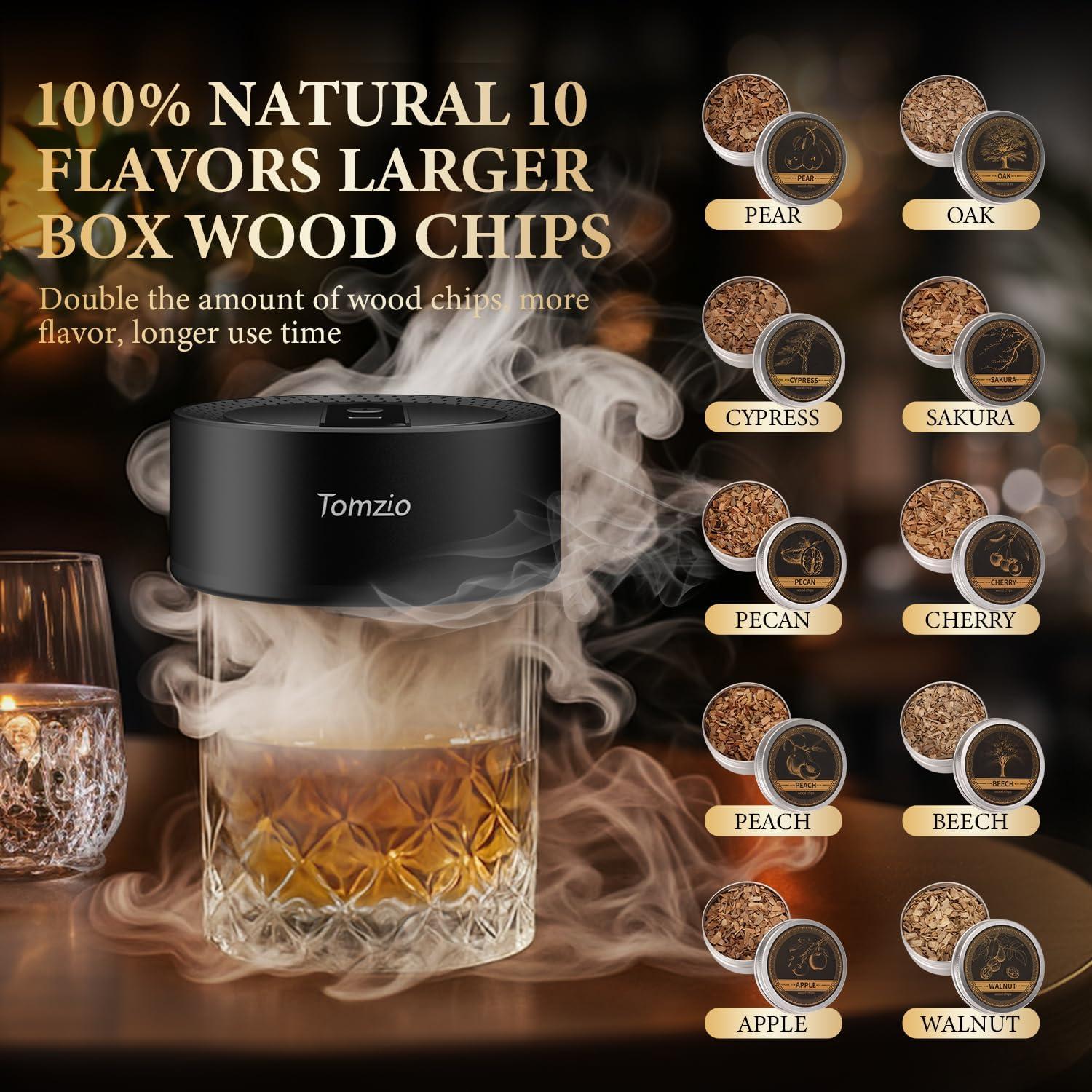 Electric Whiskey Smoker Kit with 10 Natural Wood Chips,Rechargeable Cocktail Smoker Kit with 2 Wooden Bourbon Whiskey Glasses,Reusable Food-Grade Stainless Steel Ice Cubes & Mold,Gift for Men Dad