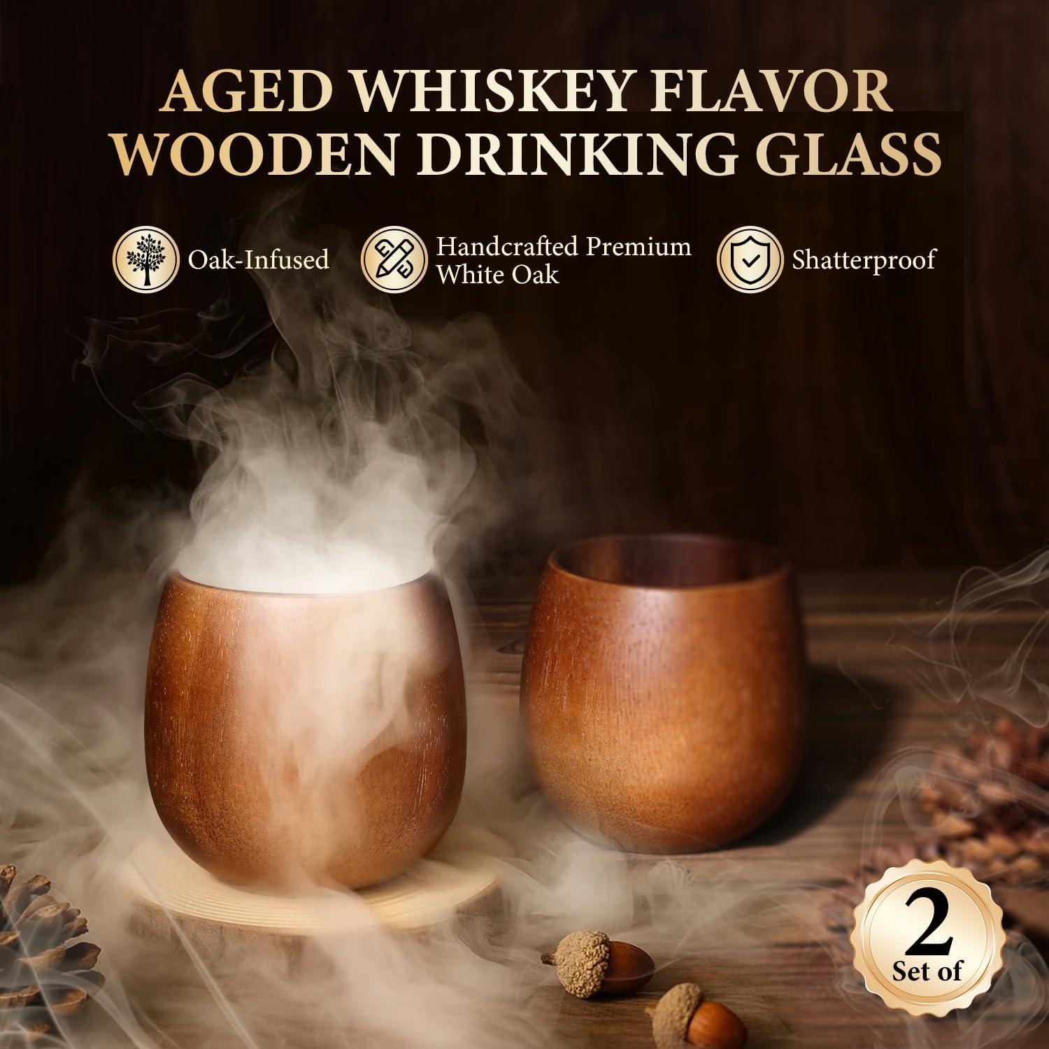 Electric Whiskey Smoker Kit with 10 Natural Wood Chips,Rechargeable Cocktail Smoker Kit with 2 Wooden Bourbon Whiskey Glasses,Reusable Food-Grade Stainless Steel Ice Cubes & Mold,Gift for Men Dad