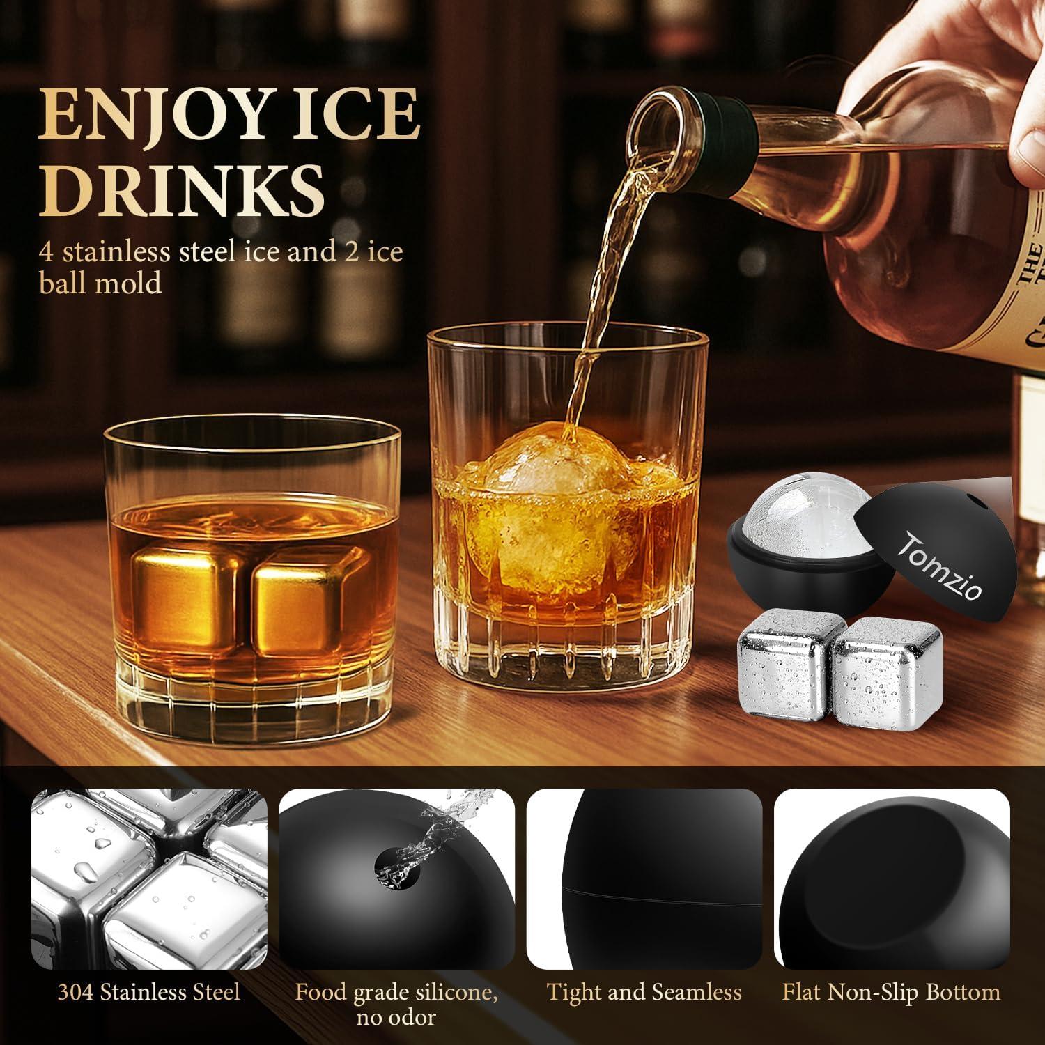 Electric Whiskey Smoker Kit with 10 Natural Wood Chips,Rechargeable Cocktail Smoker Kit with 2 Wooden Bourbon Whiskey Glasses,Reusable Food-Grade Stainless Steel Ice Cubes & Mold,Gift for Men Dad