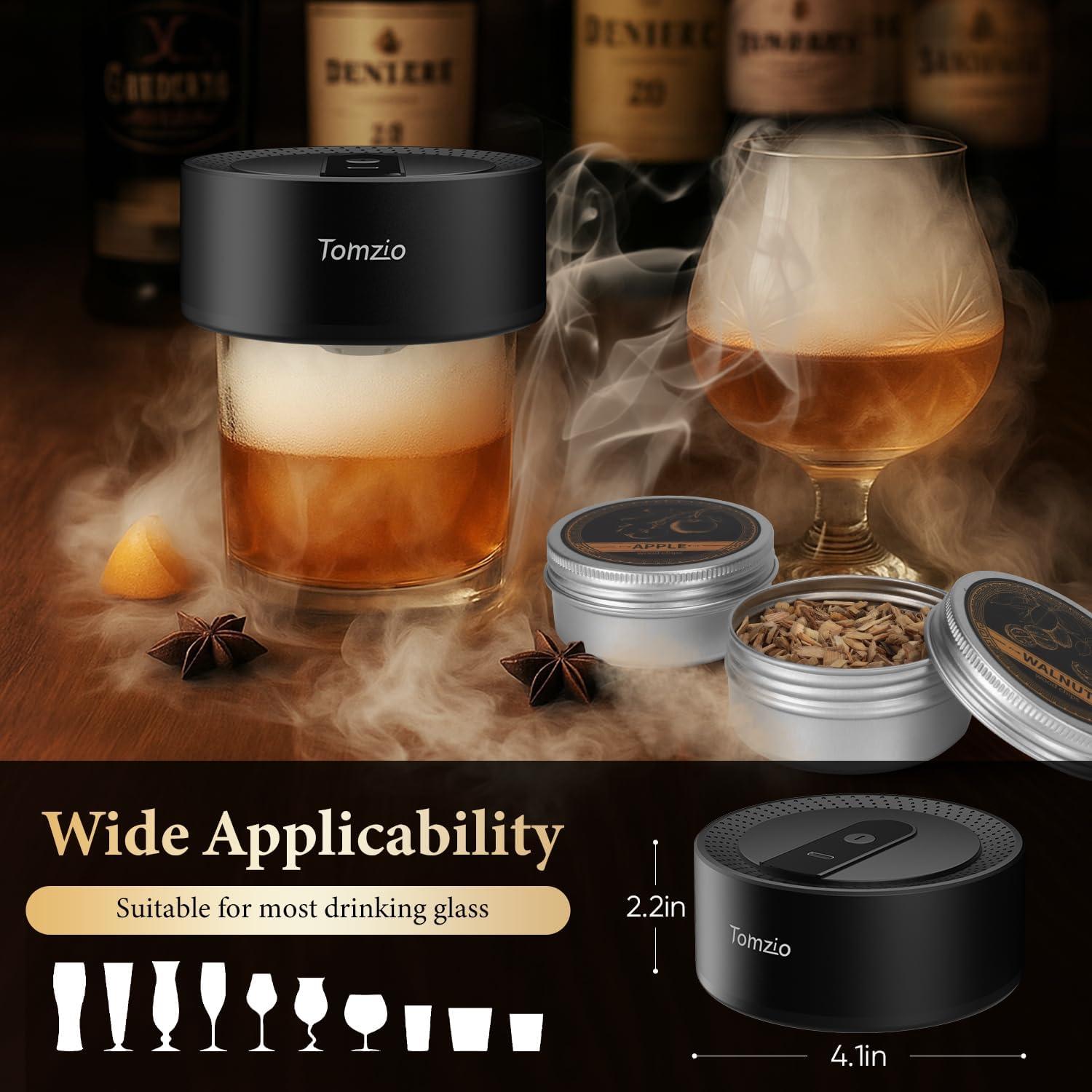Electric Whiskey Smoker Kit with 10 Natural Wood Chips,Rechargeable Cocktail Smoker Kit with 2 Wooden Bourbon Whiskey Glasses,Reusable Food-Grade Stainless Steel Ice Cubes & Mold,Gift for Men Dad