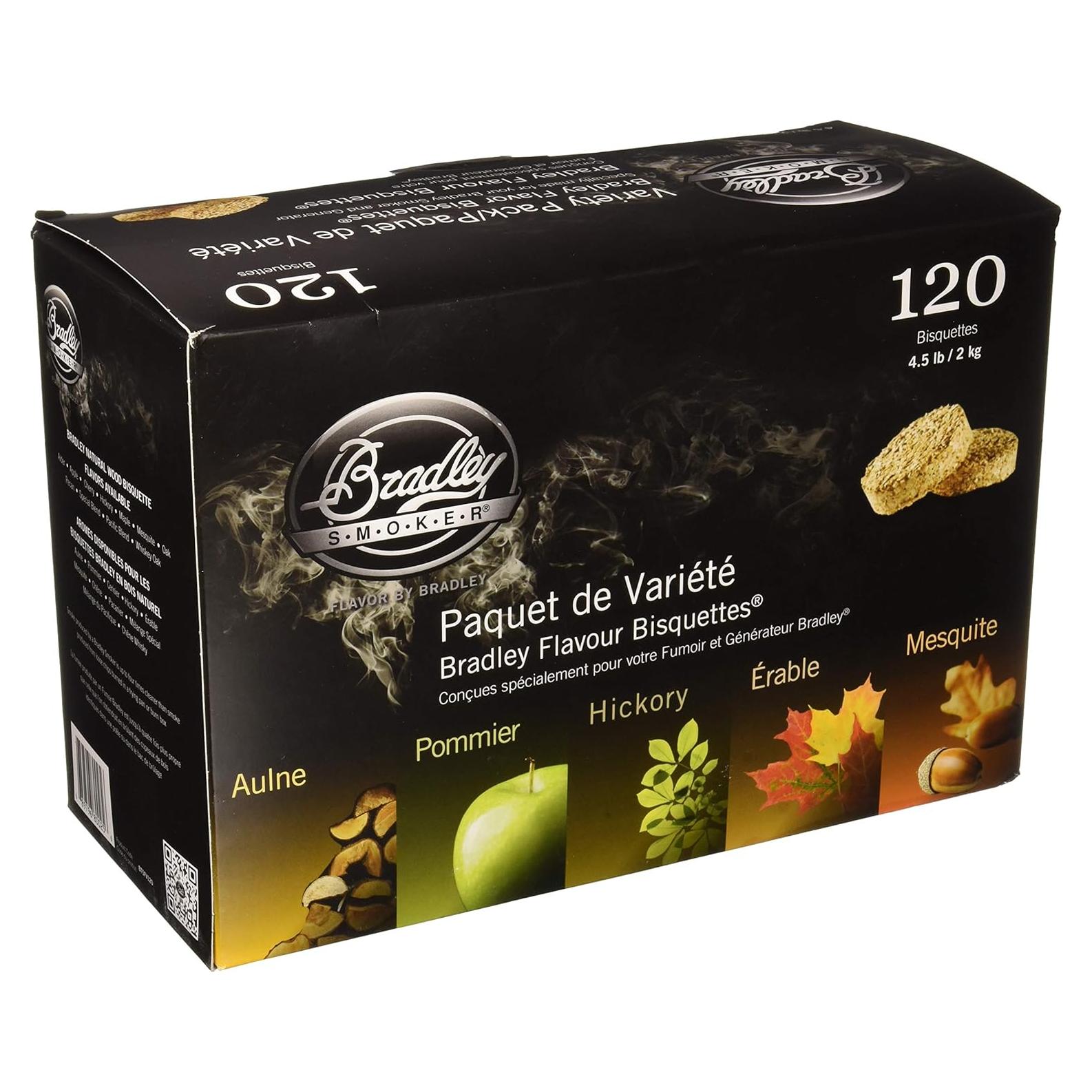 Paquete Variado de 120 Bisquettes de Madera Bradley 5 Sabores