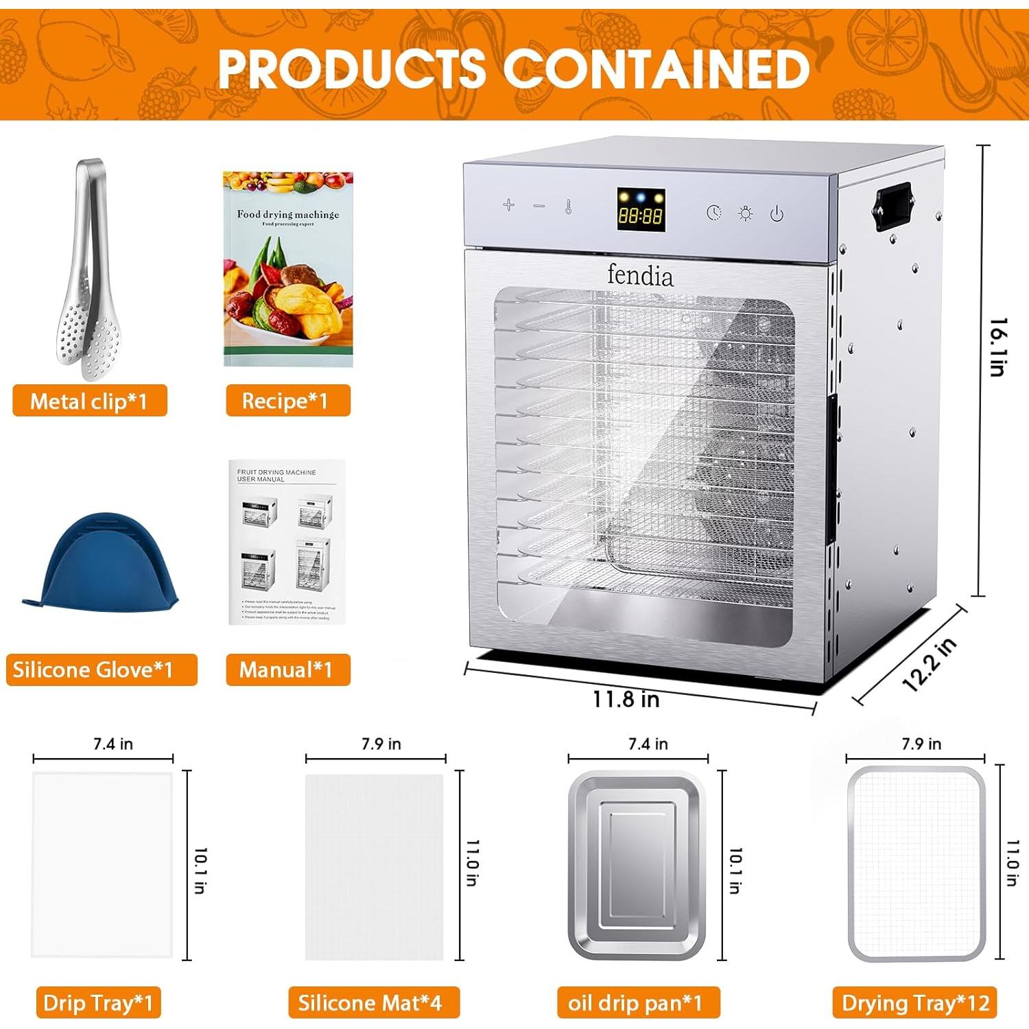 Food Dehydrator for Jerky, 12 Stainless Steel Trays, 1200W Fruit Dehydrator, 24H Timer and 190°F Temperature Control, Overheat Protection, Food Dryer for Jerky, Herbs, Fruit, Dog Treats