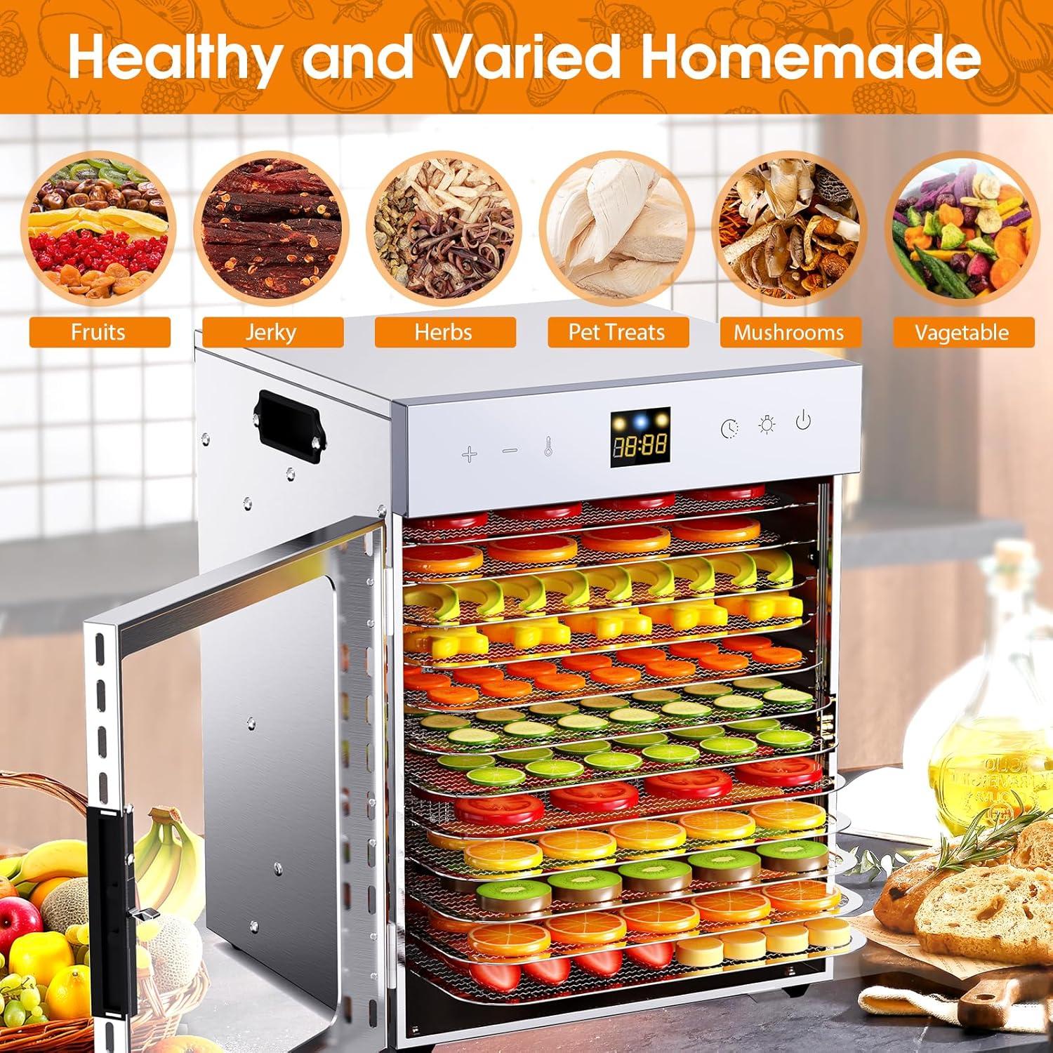 Food Dehydrator for Jerky, 12 Stainless Steel Trays, 1200W Fruit Dehydrator, 24H Timer and 190°F Temperature Control, Overheat Protection, Food Dryer for Jerky, Herbs, Fruit, Dog Treats