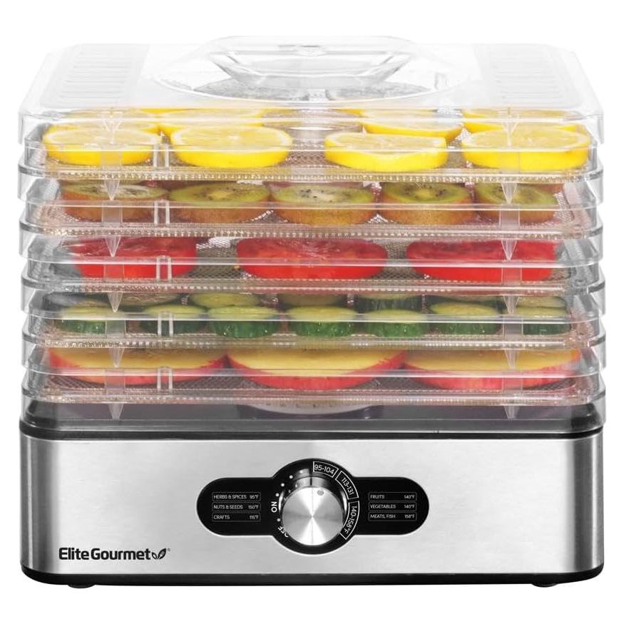 Elite Gourmet EFD3321 Food Dehydrator, Stainless Steel Trays Adjustable Temperature Controls, Jerky, Herbs, Fruit, Veggies, Dried Snacks, Stainless Steel