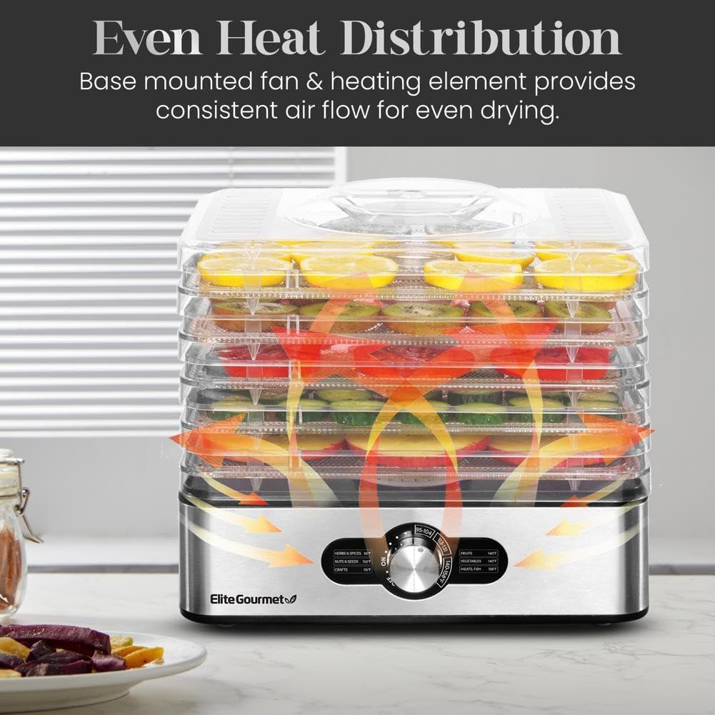 Elite Gourmet EFD3321 Food Dehydrator, Stainless Steel Trays Adjustable Temperature Controls, Jerky, Herbs, Fruit, Veggies, Dried Snacks, Stainless Steel