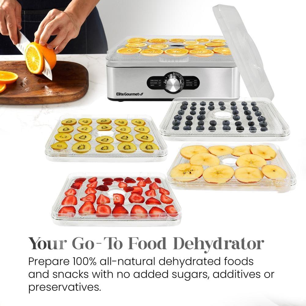Elite Gourmet EFD3321 Food Dehydrator, Stainless Steel Trays Adjustable Temperature Controls, Jerky, Herbs, Fruit, Veggies, Dried Snacks, Stainless Steel