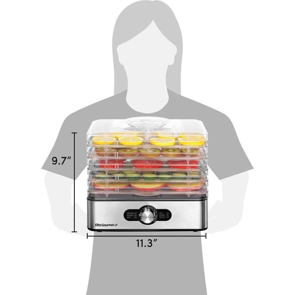 Elite Gourmet EFD3321 Food Dehydrator, Stainless Steel Trays Adjustable Temperature Controls, Jerky, Herbs, Fruit, Veggies, Dried Snacks, Stainless Steel