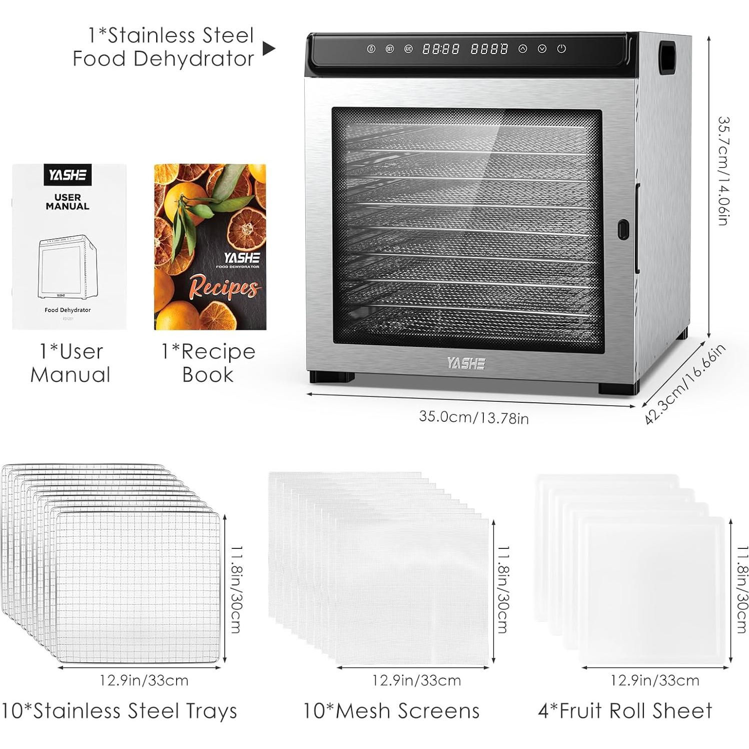 Deshidratadora de Alimentos YASHE FD1001, 10 Bandejas Acero Inoxidable, 1100W