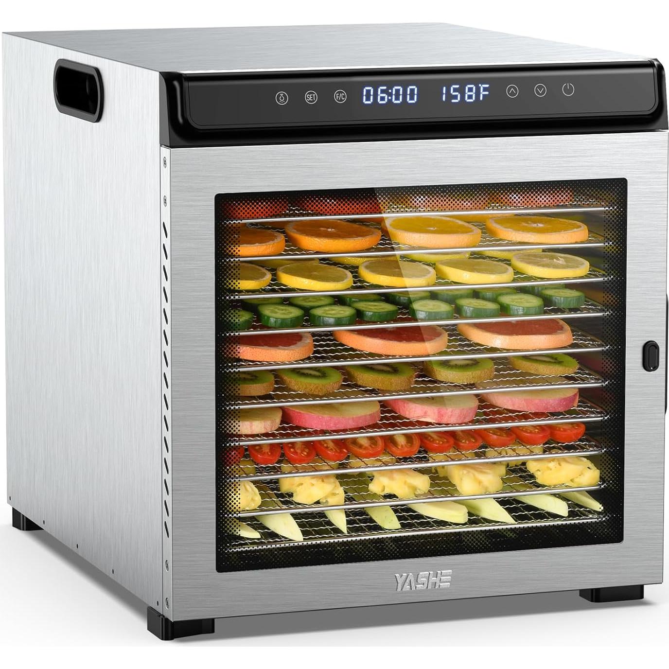 Deshidratadora de Alimentos YASHE FD1001, 10 Bandejas Acero Inoxidable, 1100W