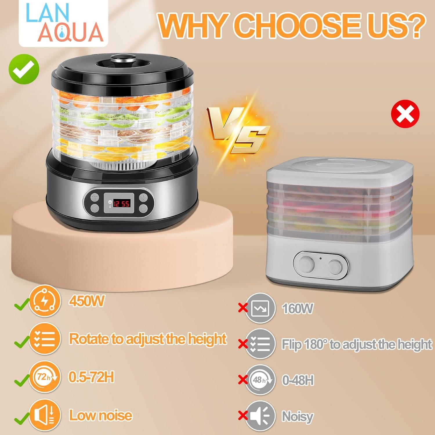 Deshidratadora de Alimentos LanAqua 450W Acero Inoxidable 5 Bandejas