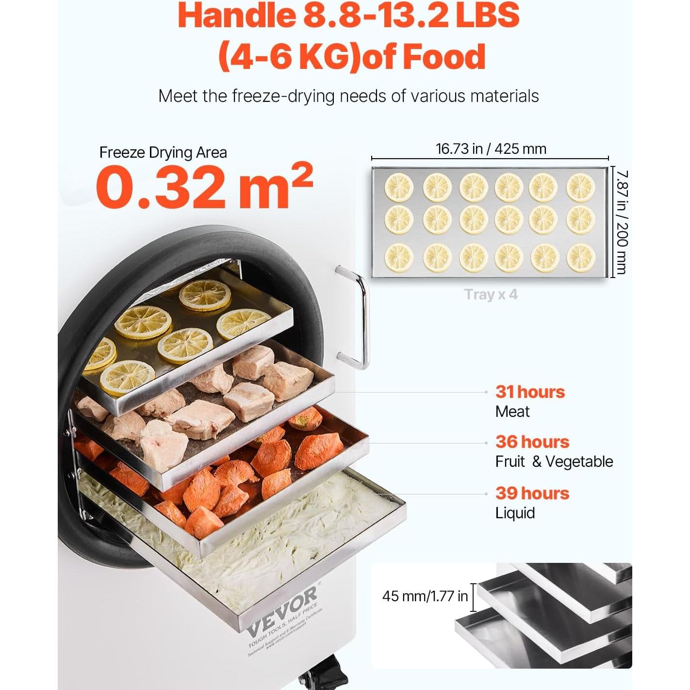 VEVOR Vacuum Freeze Dryer Machine, 8.8-13.2 LBS/Batch Food Freeze Drying Machine with 4-Layer Trays, Vacuum Pump, Adjustable Timer and Temperature Control, for Fruits Vegetables Meat, White