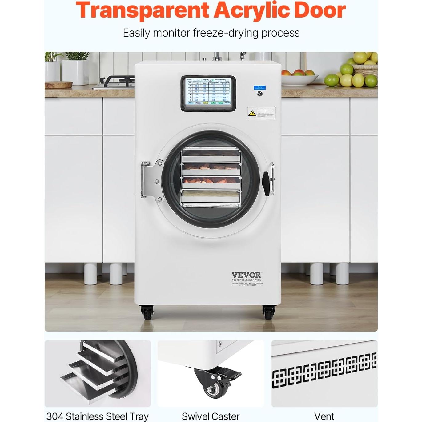 VEVOR Vacuum Freeze Dryer Machine, 8.8-13.2 LBS/Batch Food Freeze Drying Machine with 4-Layer Trays, Vacuum Pump, Adjustable Timer and Temperature Control, for Fruits Vegetables Meat, White