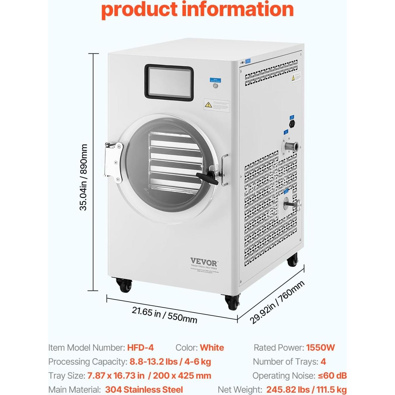 VEVOR Vacuum Freeze Dryer Machine, 8.8-13.2 LBS/Batch Food Freeze Drying Machine with 4-Layer Trays, Vacuum Pump, Adjustable Timer and Temperature Control, for Fruits Vegetables Meat, White