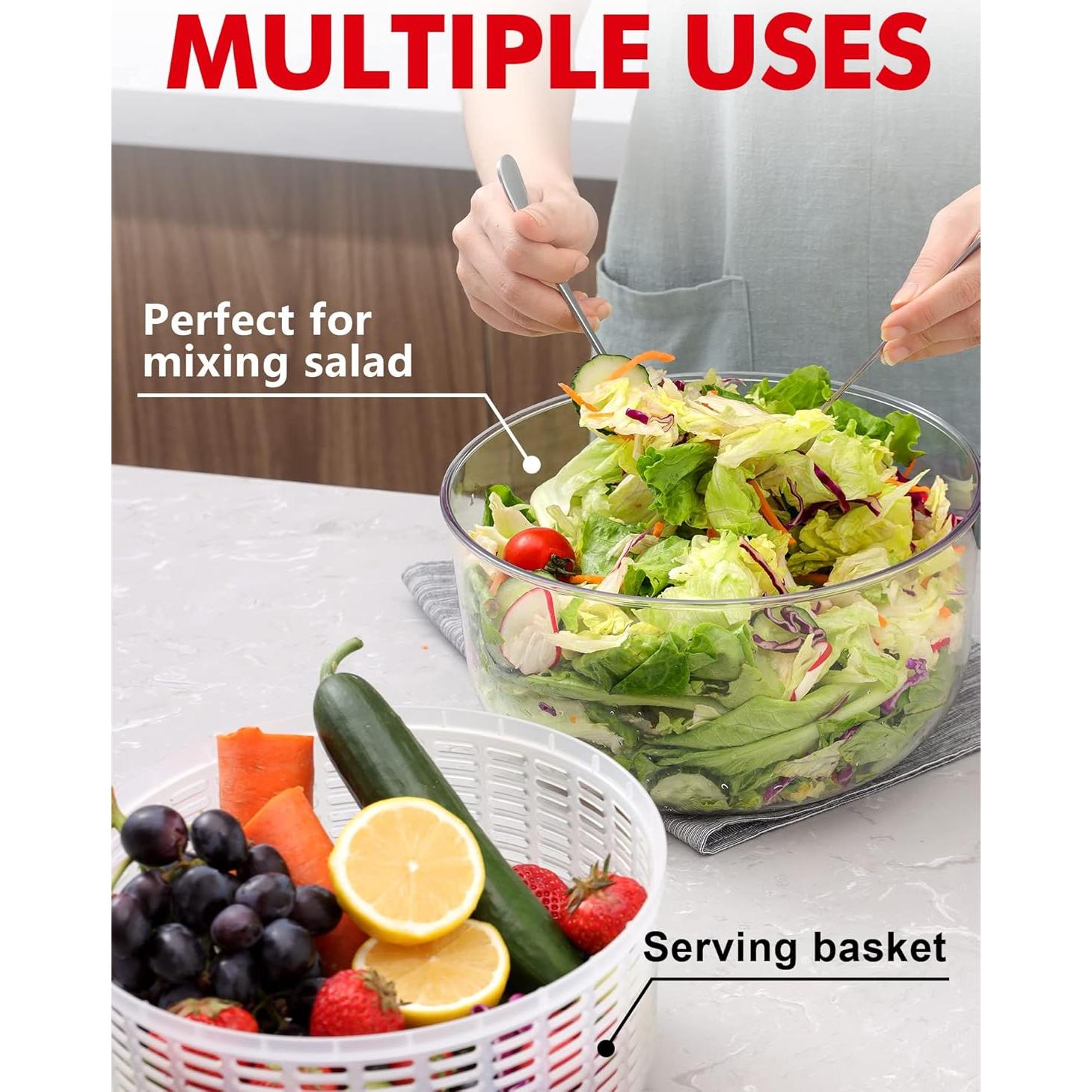 Salad Spinner Large 5L Capacity, Easy to Clean Lettuce Spinner with Bowl, Vegetable Washer Dryer Dishwasher Safe Ideal for Vegetables and Fruits without BPA, Large 4.5 Quart