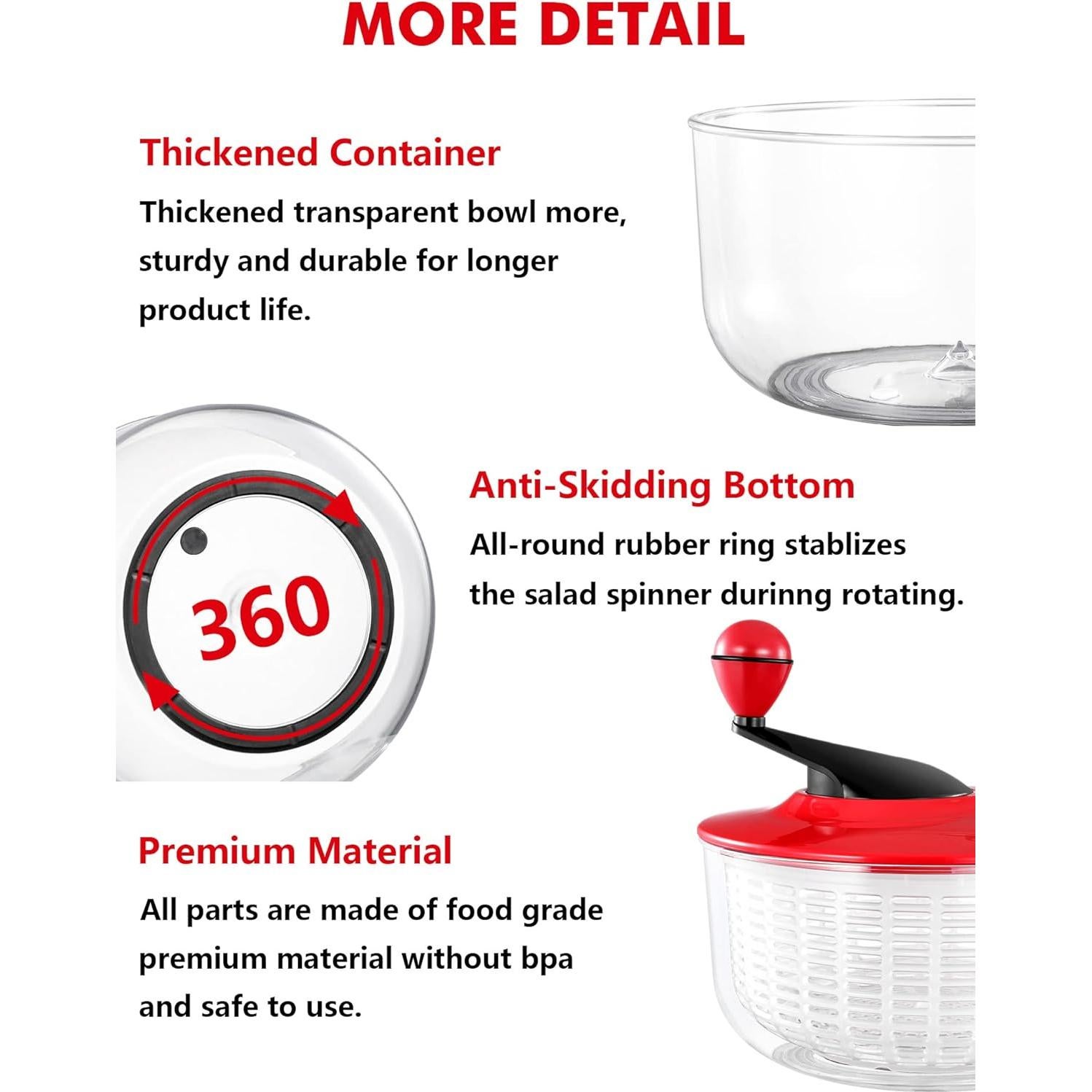 Salad Spinner Large 5L Capacity, Easy to Clean Lettuce Spinner with Bowl, Vegetable Washer Dryer Dishwasher Safe Ideal for Vegetables and Fruits without BPA, Large 4.5 Quart