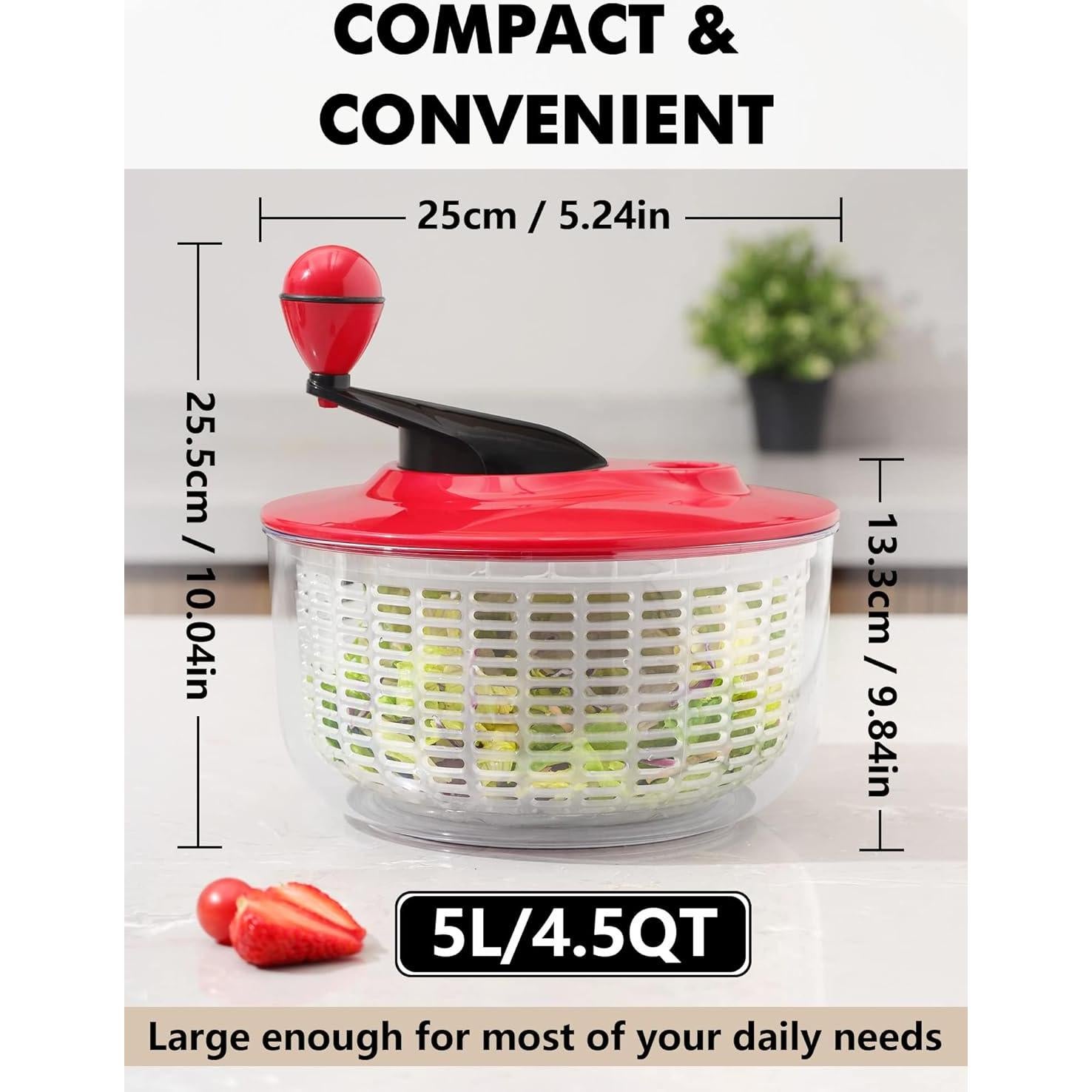Salad Spinner Large 5L Capacity, Easy to Clean Lettuce Spinner with Bowl, Vegetable Washer Dryer Dishwasher Safe Ideal for Vegetables and Fruits without BPA, Large 4.5 Quart